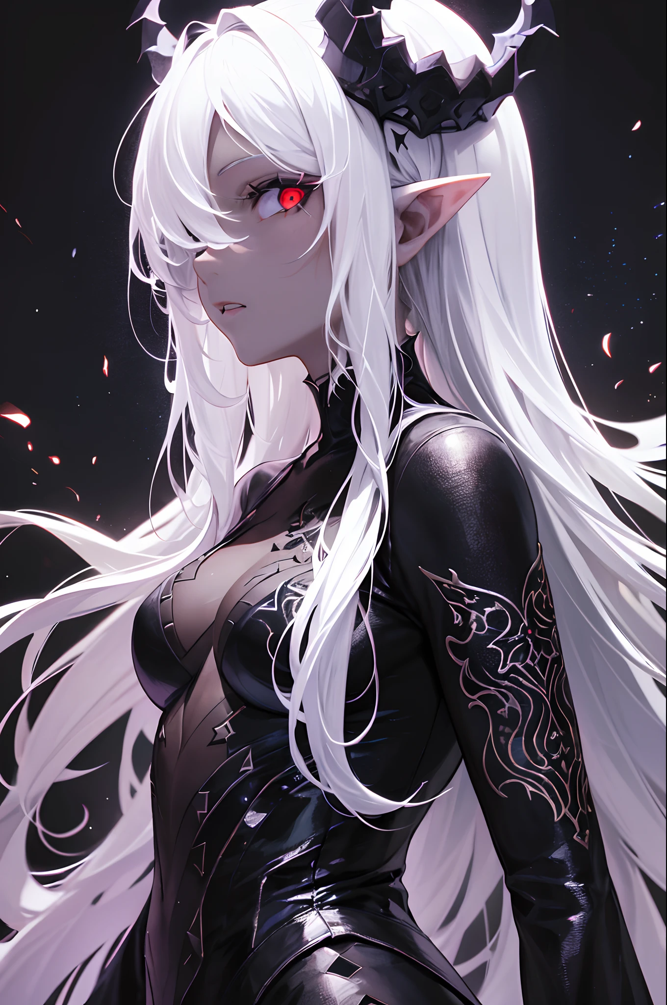 masterpiece, best quality, ultra-detailed, absurdres, colorful, 1girl, solo, (solid red eyes:1.0), (white hair, long hair, straight hair, hair over one eye:1.0), detailed eyes, wide-eyed, eyelashes, (upper body:0.8), monster girl, side view, glowing eyes, tilted head, night, black suit, pointy ears, horror, dark, black background, looking at viewer, crown, high contrast, backlighting, (standing:0.8), aura, fractal background, chaotic, spiral, demon horns, energy, mosaic, inferno