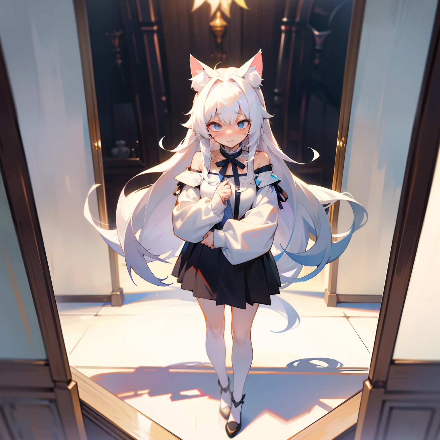 (first person perspective),cat_hor ears,Long ，long whitr hair,White_Hair,Looking down,1 standing,hug self,Slim legs,Embarrassed,off-shoulder sweater,White_upper legs,Bigchest,looking in a mirror