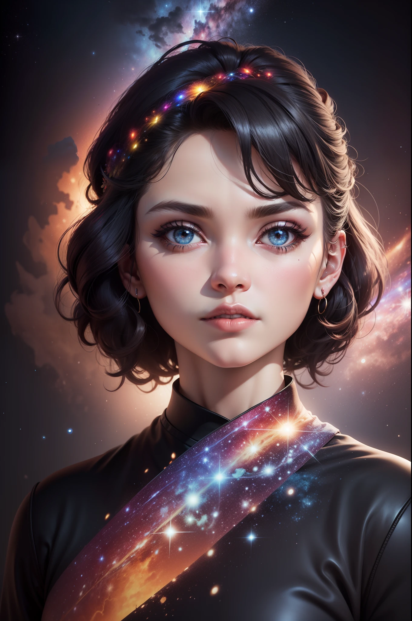 dblxp foto de rosto 3D realista, perfil, rosto em 3D e 8k realista, qualidade de cinema, porosidade de pele com poros humanos, efeito de cinema 3D e 8k close, mulher de 60 anos 3D 8k, striking traits, cabelos longos realista, made by a realistic colorful galaxy and cosmos in 3D and 8k, todo o universo detalhado em 3D e 8k, fundo preto.