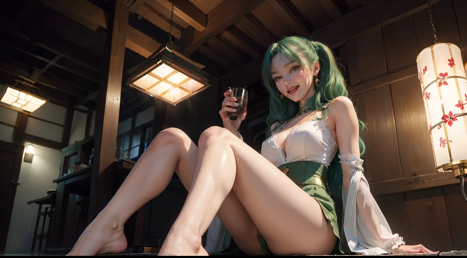 (realisitic,Photorealsitic:1.4),(1 Beauty:1.3),(beautiful countenance:1.5),Detailed shiny skin,A detailed eye,Precise hands and fingers,8K HDR, , masterpiece, (Dynamic angle footage),电影灯光, Finely drawn backgrounds,Beautiful Brazilians,hotpants,Green hair,Complex hairstyle,kyoto,Inside the building,sitting on,great laughter,