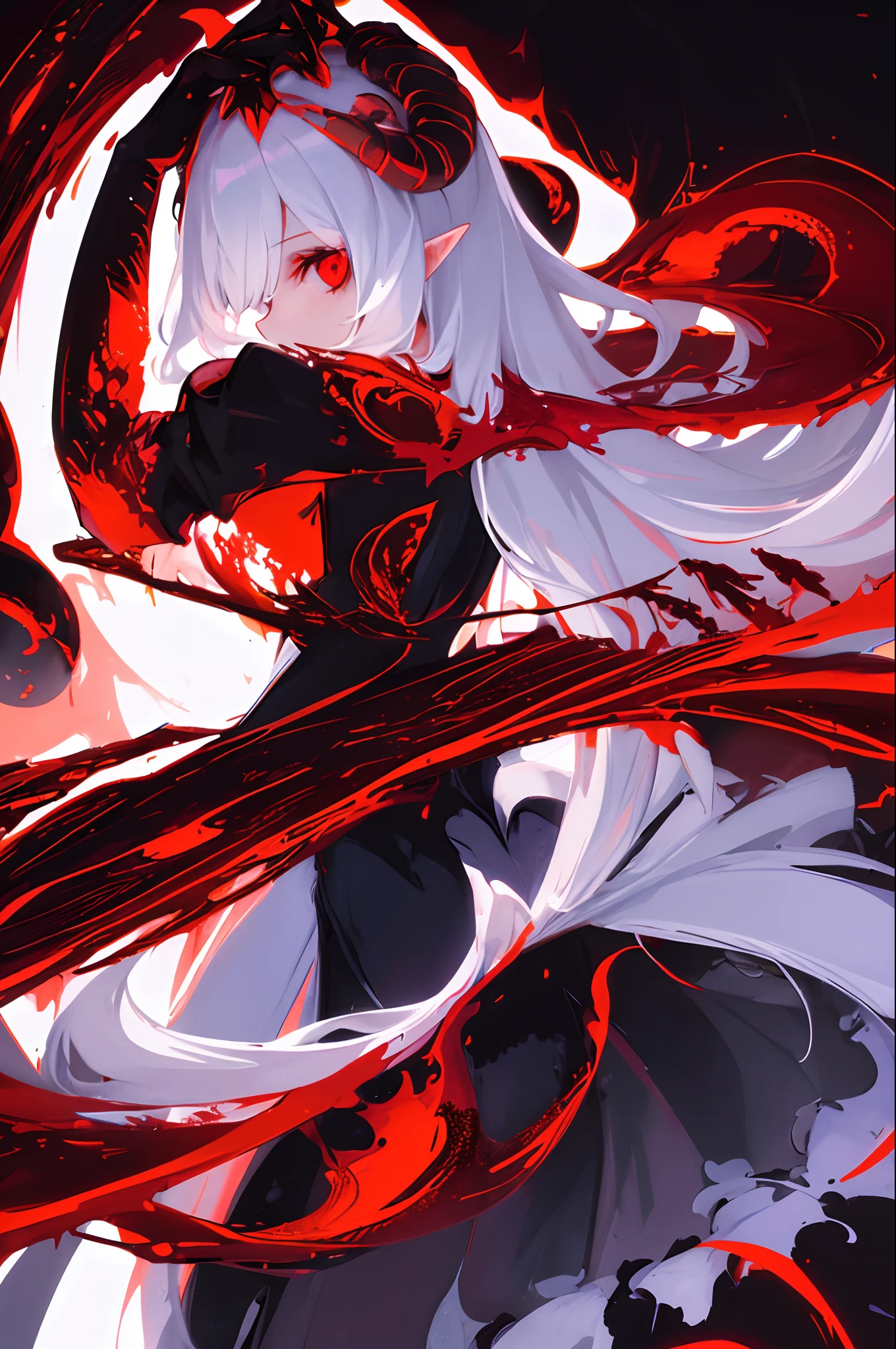 masterpiece, best quality, ultra-detailed, absurdres, colorful, 1girl, solo, (solid red eyes:1.0), (white hair, long hair, straight hair, hair over one eye:1.0), detailed eyes, wide-eyed, eyelashes, (upper body:0.8), monster girl, side view, glowing eyes, tilted head, night, black suit, pointy ears, horror, dark, black background, looking at viewer, crown, high contrast, backlighting, (standing:0.8), aura, fractal background, chaotic, spiral, demon horns, energy, mosaic, inferno