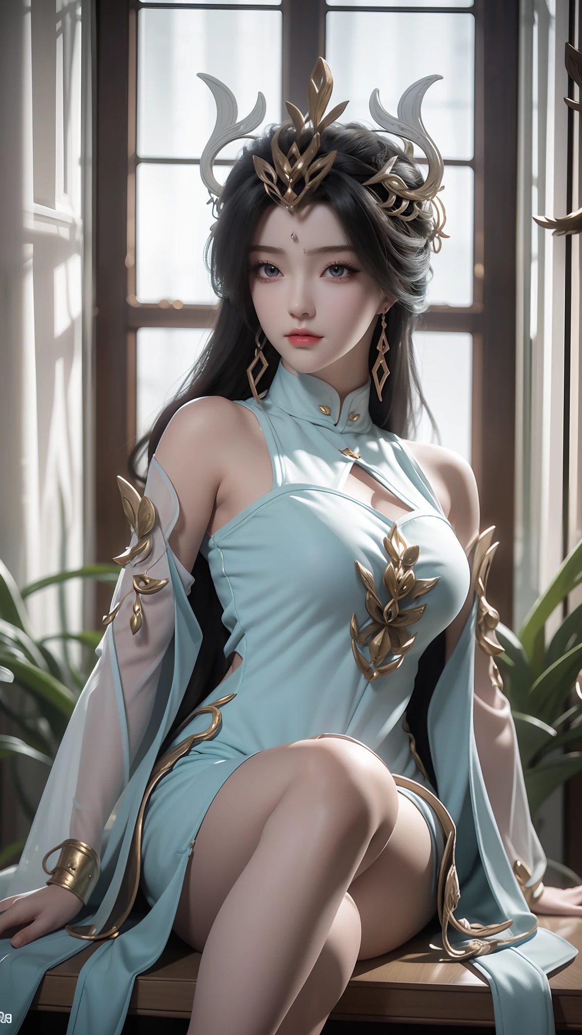 Arad woman in blue dress sitting on windowsill, cute anime waifu in a nice dress, trending on cgstation, 8K high quality detailed art, anime barbie in white stockings, highly detailed exquisite fanart, Extremely detailed Artgerm, the anime girl is crouching, flowing magical robe, beautiful and seductive anime woman, WLOP and Sakimichan