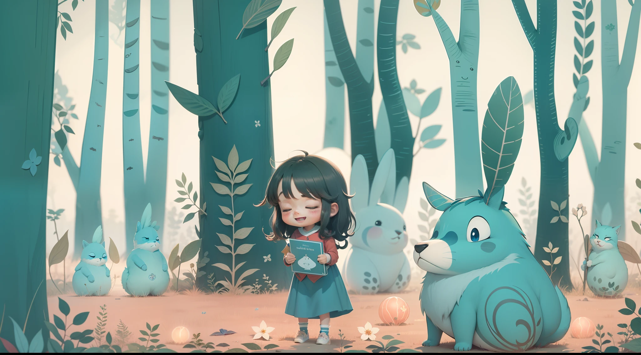 personagem infantil lindo, azul, com floresta, livros, amigos, felicidade, peludo, homem