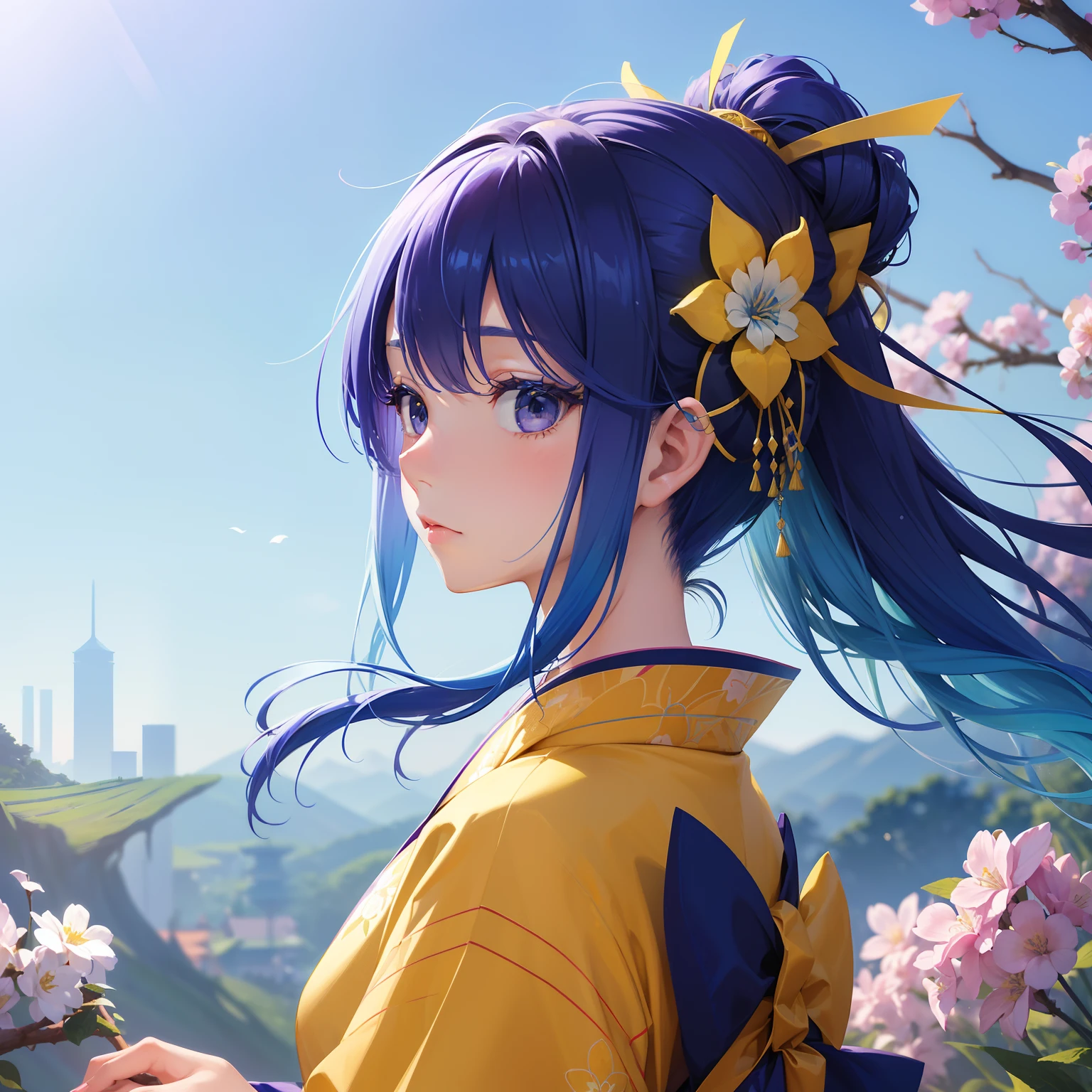 (Beautifully Aesthetic:1.2)、(1girl in:1.3)、(Blue and yellow gradient hair:1.2)、Wearing a colorful kimono of blue and purple、Dew grass is blooming、zori、Fantastical、