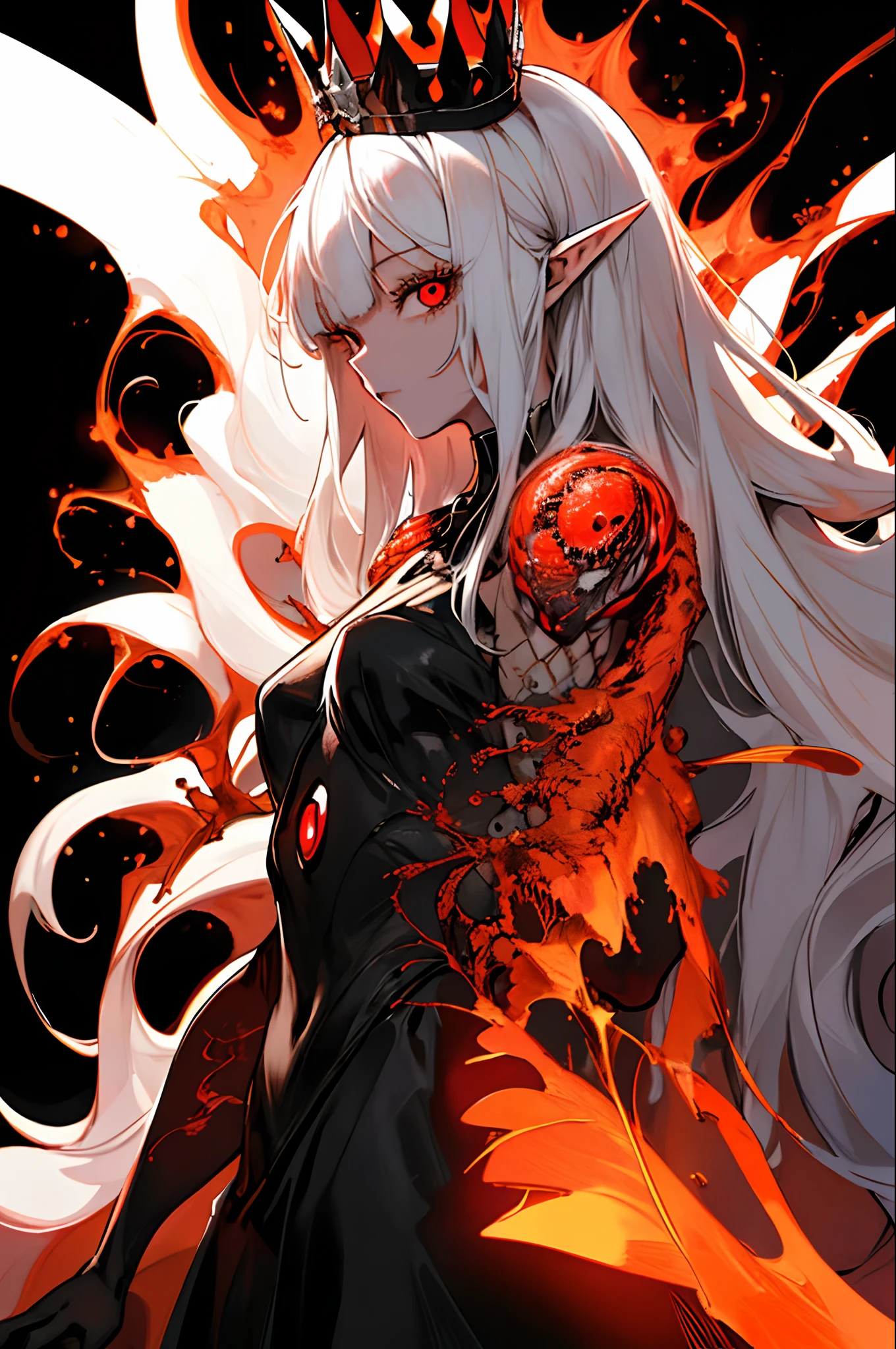 masterpiece, best quality, ultra-detailed, absurdres, colorful, 1girl, solo, (solid red eyes:1.0), (white hair, long hair, straight hair, hair over one eye:1.0), detailed eyes, wide-eyed, eyelashes, (upper body:0.8), monster girl, side view, glowing eyes, tilted head, night, black suit, pointy ears, horror, dark, black background, looking at viewer, crown, high contrast, backlighting, (standing:0.8), aura, fractal background, chaotic, spiral, demon horns, energy, mosaic, inferno