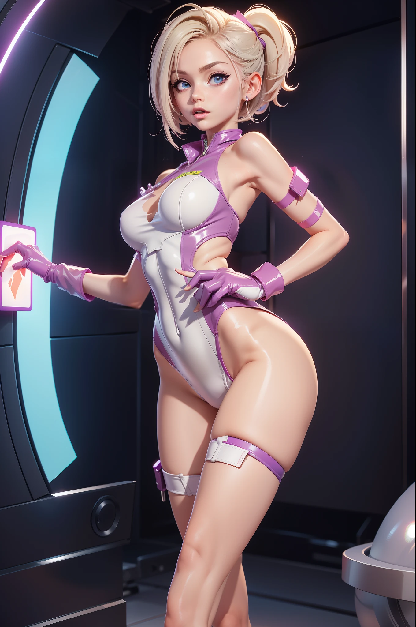 full body picture Unreal Engine 5 8K UHD of beautiful woman,with short white hair,Dress colorful neon color tight futuristic latex spider woman cosplay。,Latex swimwear,Sexy action,Wait for slow breasts,Muscular figure,Swimsuits that rarely cover the skin,latex glove,Wear purple glass,耳Nipple Ring,Piercing of lips Perforated,Modern age city,best qualityer,tmasterpiece,8K UHD wallpaper