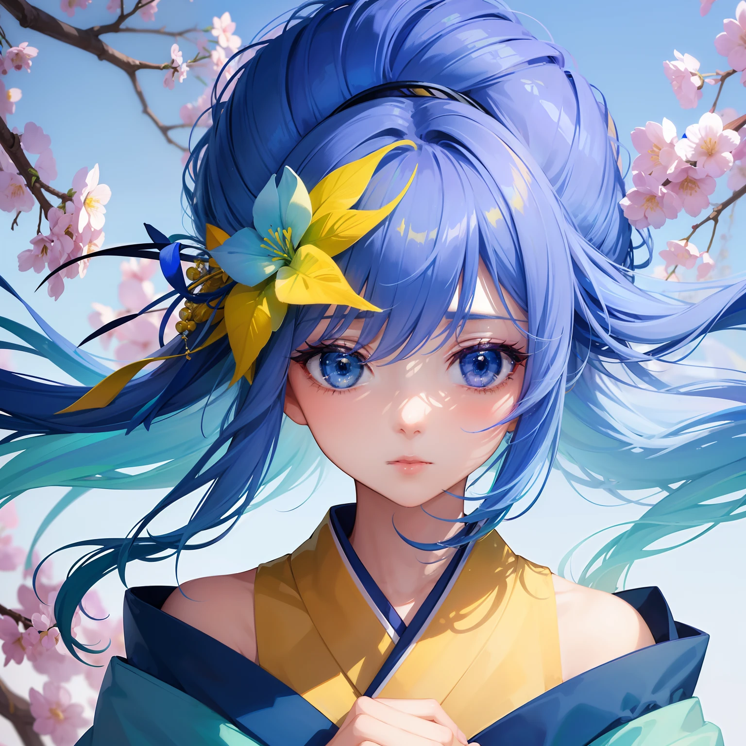 (Beautifully Aesthetic:1.2)、(1girl in:1.3)、(Blue and yellow gradient hair:1.2)、Wearing a colorful kimono of blue and purple、Dew grass is blooming、zori、Fantastical、
