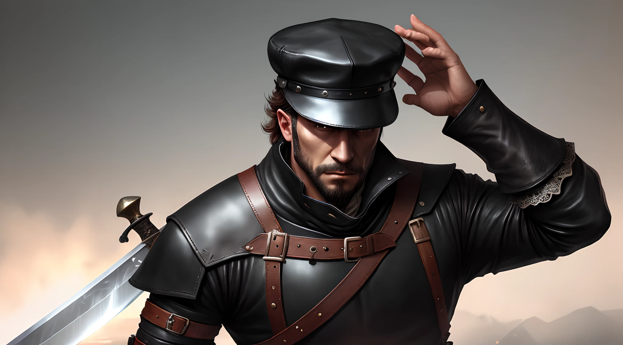 man, black leather hat, black clothing, medieval, sword, 8k