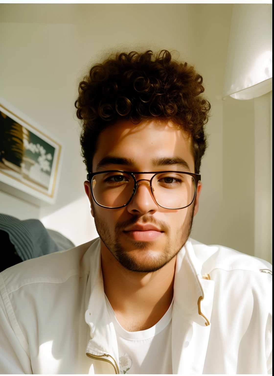 photorealistic portrait of a man,curly hair, white flowers, ultra detail, kodak film, natural light, 85mm, f 1.2