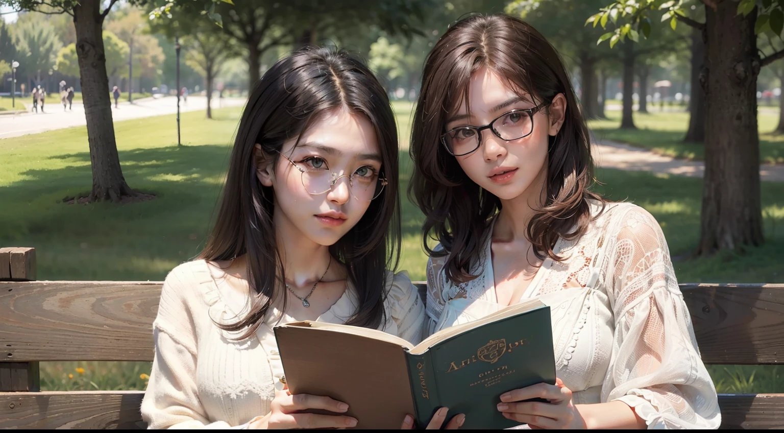 (realisitic,Photorealsitic:1.4),(1 beauty:1.3),(beautiful countenance:1.5),Detailed shiny skin,A detailed eye,Precise hands and fingers,8K HDR, , masterpiece, (Dynamic angle footage),电影灯光, Finely drawn backgrounds,Beautiful Japan,Knitted clothes,ligh brown hair,eye glasses,IRAN,a park,Reading a book