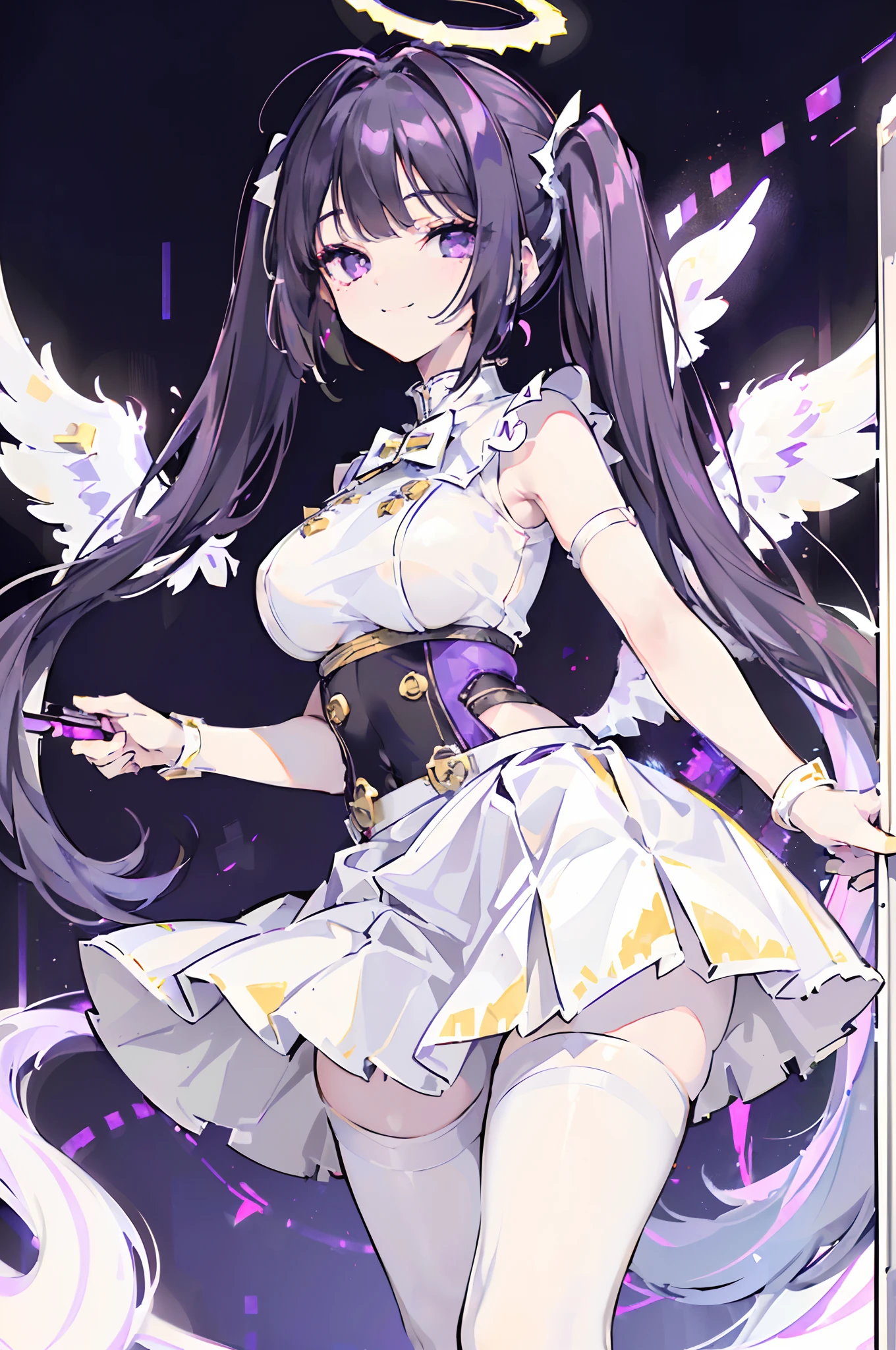 ((white skirt)),((black hair)), ((twintails)), ((white skirt)),((white pantyhose)),((corset)), ((8K)), ((masterpiece)),((detailed halo)),((************)) ((highly detailed face)),((medium breast)),((naughty smile:1.5)),((wing on the waist:1.3)),((purple eyes)),((cinematic lighting)),((god ray))