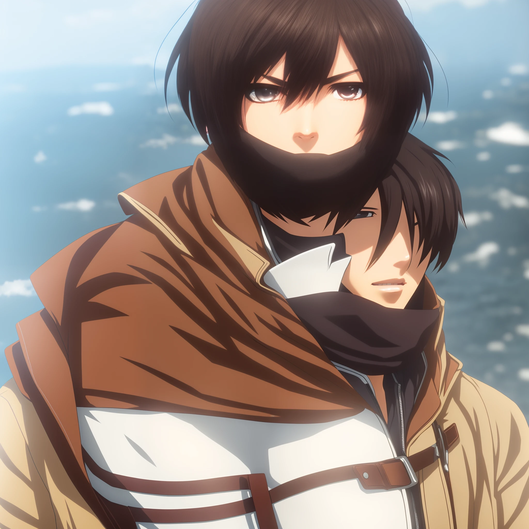 1girl, Mikasa ackerman,Brown jaket,short hair,black hair, realistic , ultra detail,70mm lens