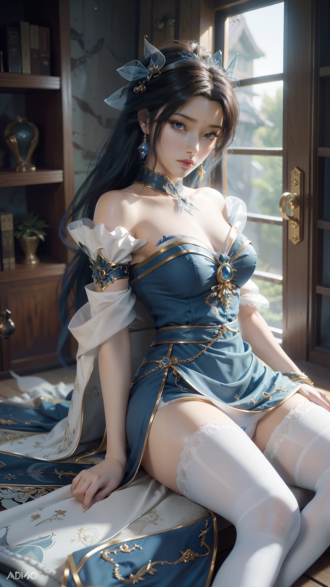 Arad woman in blue dress sitting on windowsill, cute anime waifu in a nice dress, trending on cgstation, 8K high quality detailed art, anime barbie in white stockings, highly detailed exquisite fanart, Extremely detailed Artgerm, the anime girl is crouching, flowing magical robe, beautiful and seductive anime woman, WLOP and Sakimichan