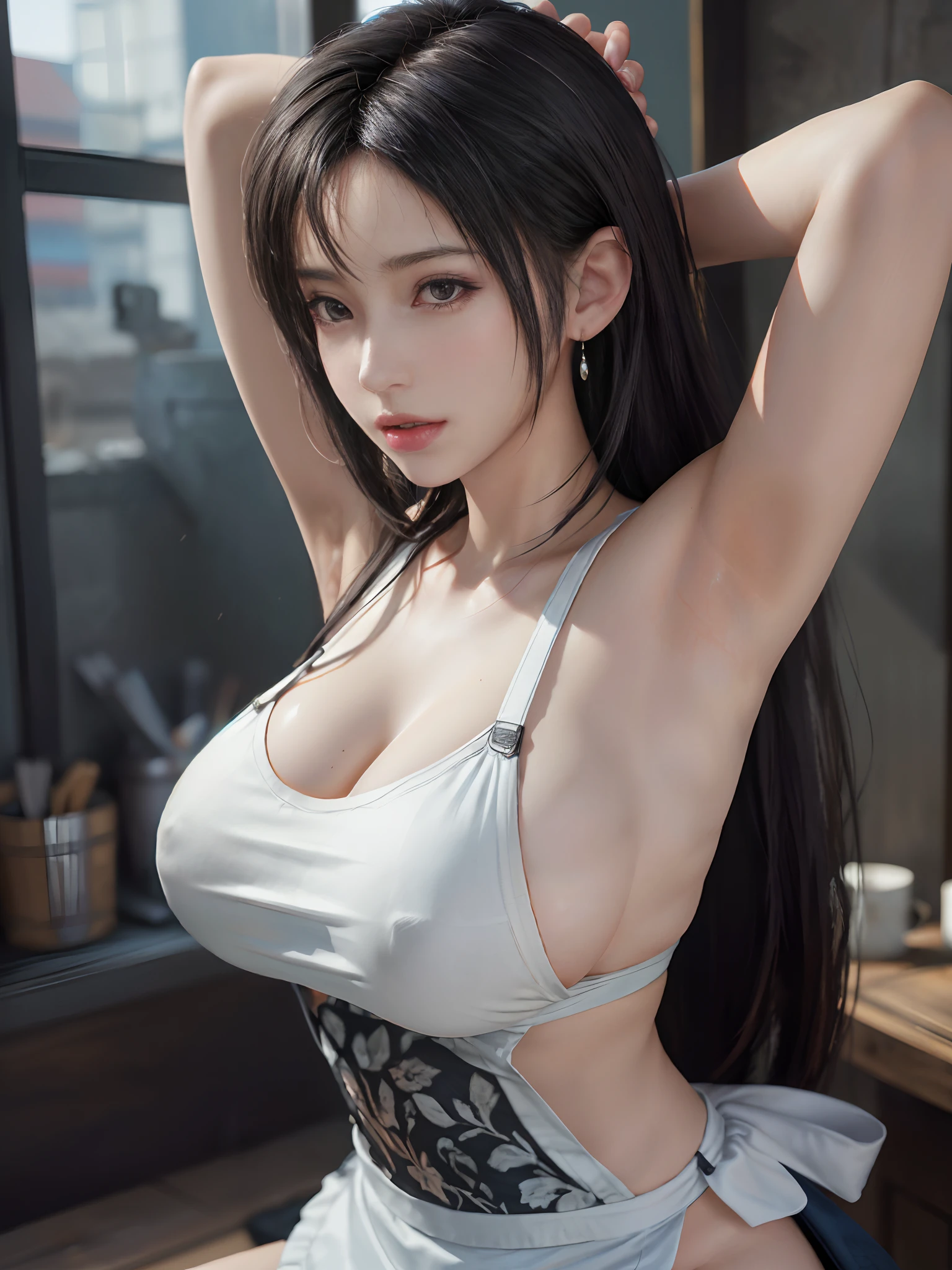 (NSFW),(RAW photo, Best quality), (Realistic, photo-realistic:1.2), 1girll, High quality, (highdetailskin:1.4), Armpits,huge tit,Nippur,nakeness，Tifa Lockhart，dressed in（Erotic apron，The pattern is exquisite）