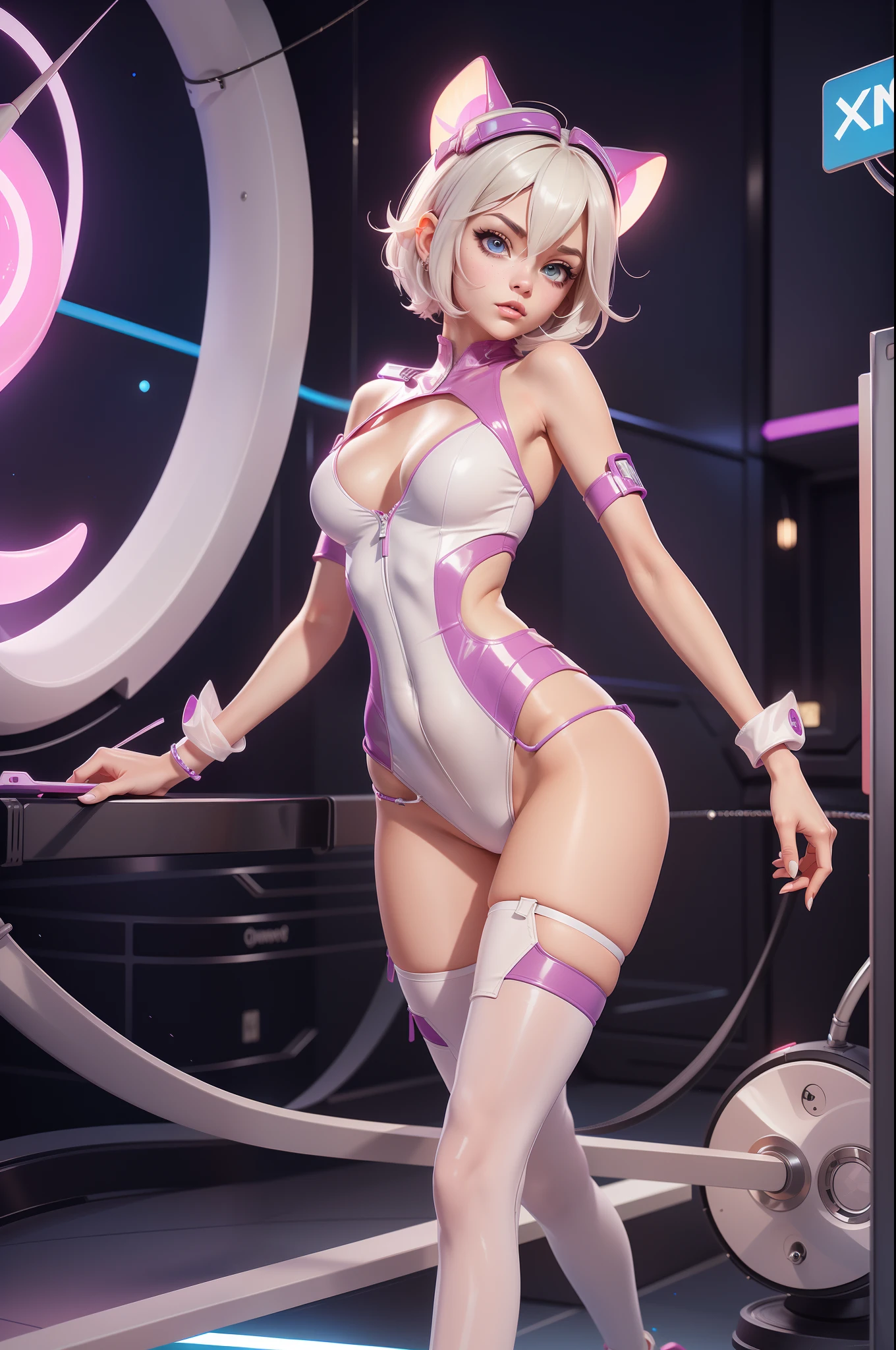 full body picture Unreal Engine 5 8K UHD of beautiful woman,with short white hair,Dress colorful neon color tight futuristic latex spider woman cosplay。。,Latex swimwear,Sexy action,Wait for slow breasts,Muscular figure,Swimsuits that rarely cover the skin,latex glove,Wear purple glass,耳Nipple Ring,Piercing of lips Perforated,Modern age city,best qualityer,tmasterpiece,8K UHD wallpaper