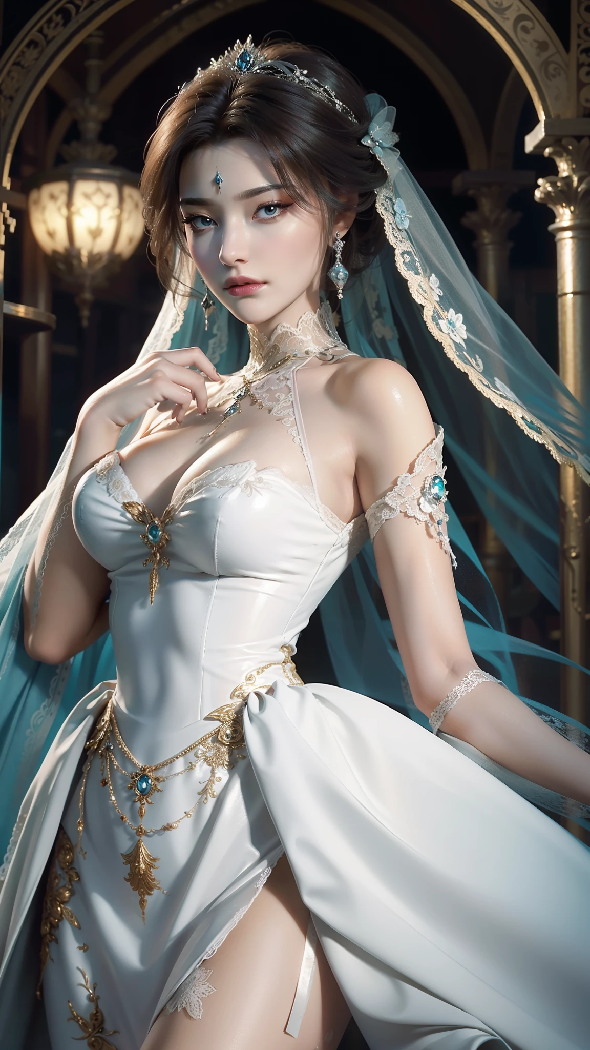 tmasterpiece，Best picture quality，HD 8K wallpaper，Beautiful picture，Elegant single woman，Round dress，Shiny eyes，Detail at its best，An exquisite masterpiece，Pure beauty and lightness，Moderately aesthetic，Gentle and elegant，Attention to detail，Cyan white lace round princess dress，Immortal