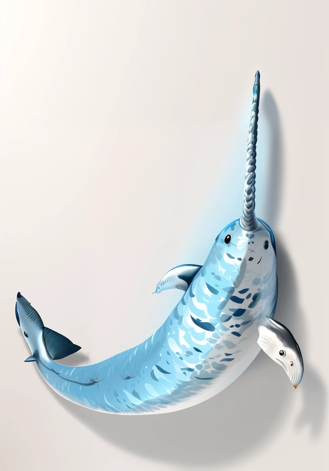 There is a black-and-white photo of a narwhal in flight, narwhal, subreddit / r / whale, flying whale, whale, ivan seal, space magical whale, space whale, marine animal, [ Realistic photo ]!!, isolated on a white background, Fluttering cattle nets, author：Shinji Aramaki, very accurate photo, Realistic illustration