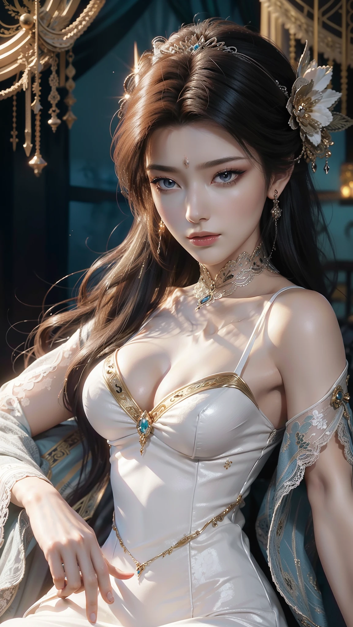 tmasterpiece,Best picture quality,HD 8K wallpaper,Beautiful picture,Elegant single woman,Round dress,Shiny eyes,Detail at its best,An exquisite masterpiece,Pure beauty and lightness,Moderately aesthetic,Gentle and elegant,Attention to detail,Cyan white lace round princess dress,Immortal