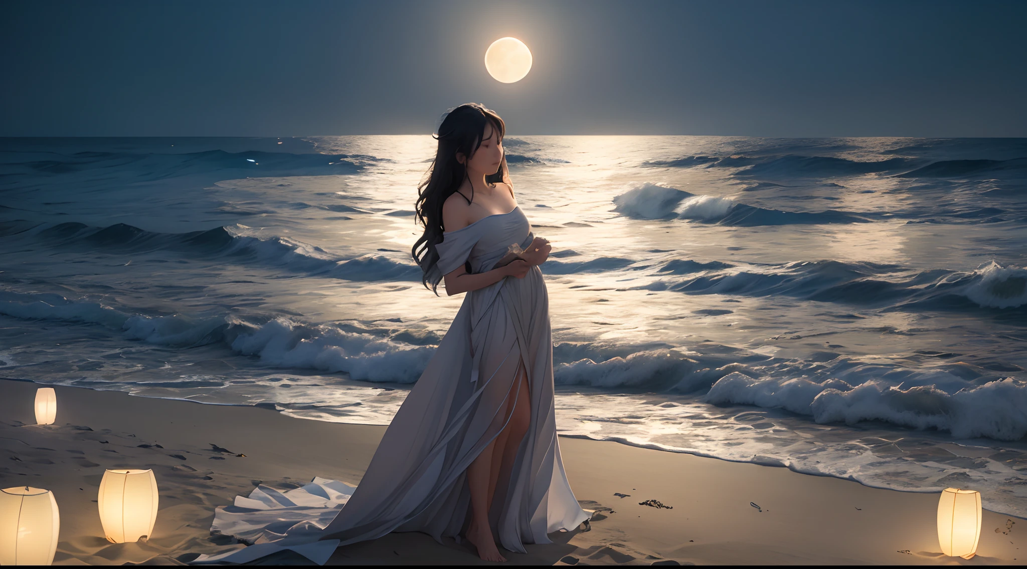 (moonlit night),(on the beach,crashing waves),(dramatic lighting),(silhouettes),(sparkling sand),(peaceful and relaxing atmosphere), 100s of paper lanterns, lots of paper beautiful lanterns, huge moon