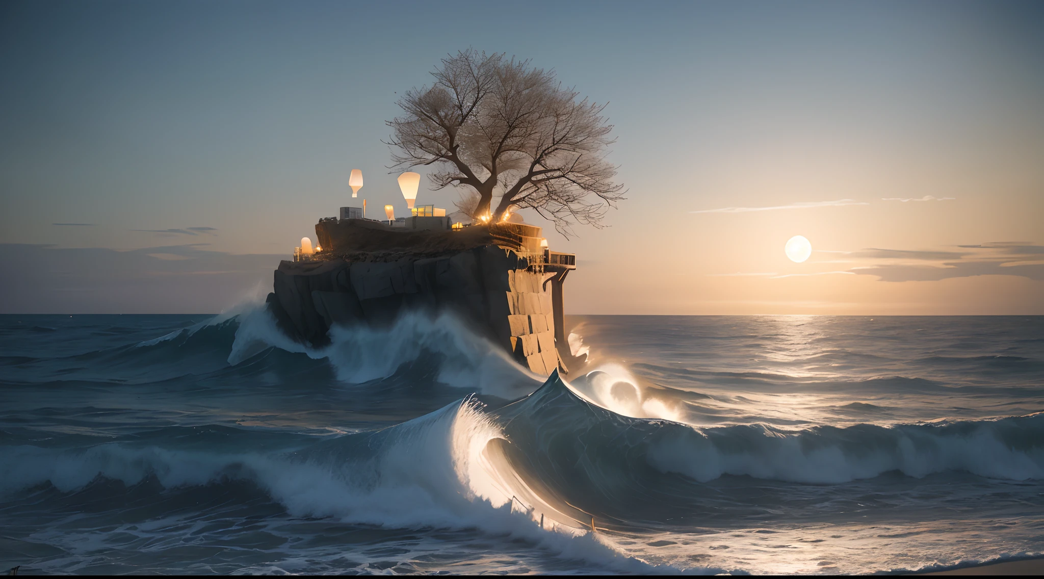 (moonlit night),(on the beach,crashing waves),(dramatic lighting),(silhouettes),(sparkling sand),(peaceful and relaxing atmosphere), 100s of paper lanterns, lots of paper beautiful lanterns, huge moon