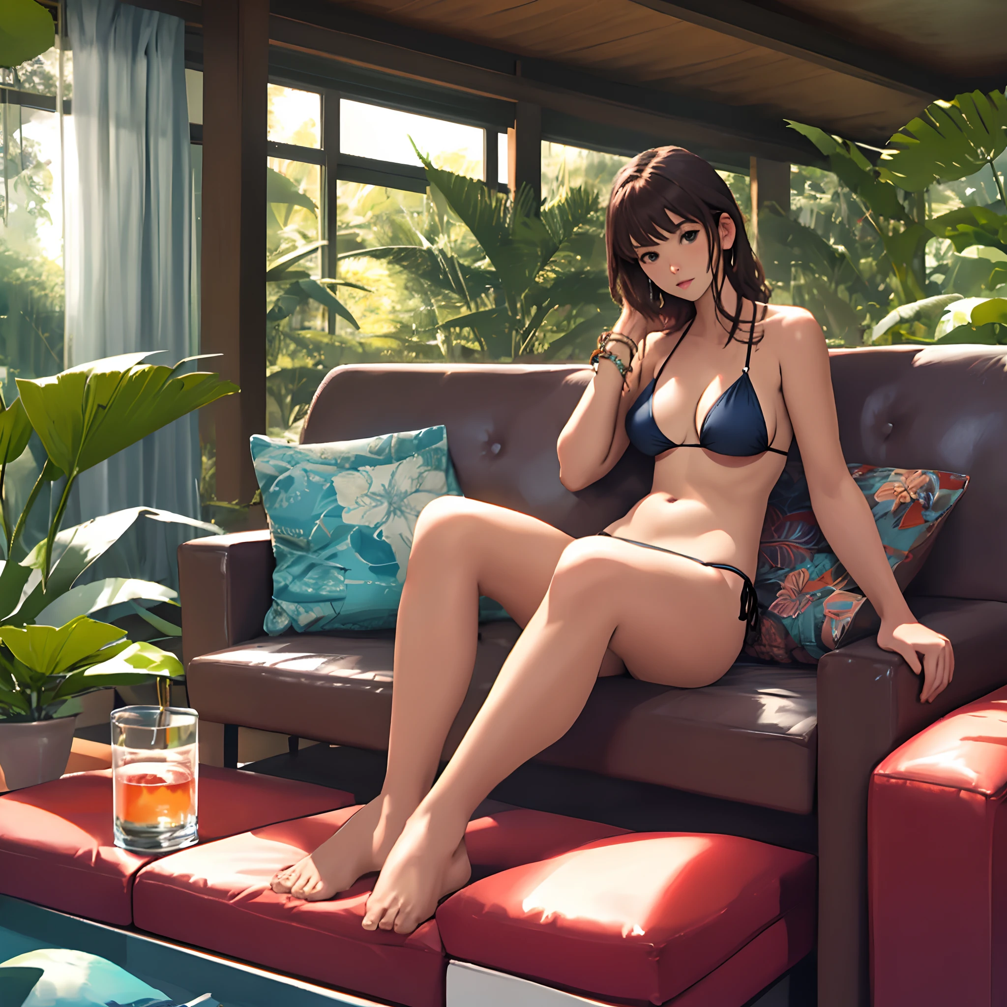 Woman sitting on the couch in front bikini with legs spread