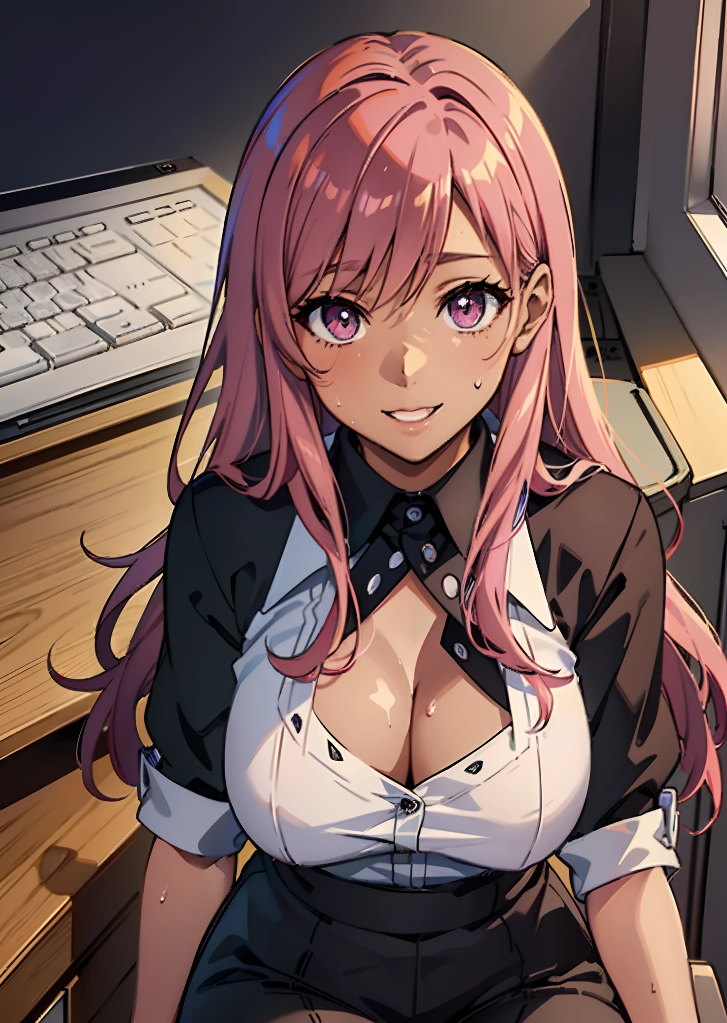 ((((Representative work 3.0、top-quality、Smile 3.0、Wearing a suit 4.0、Blouse、Sit in a chair and type on your desk keyboard、In the office of the company、Brown skin、Pink hair 3.0、dynamic pose1.5、large full breasts、Brown skin color、A pink-haired、Wearing sweat、ssmile、)))((()))、Long body、(((((、long legged))))),((((darkskin)))),((sun burn)),Whole human body、(((Shyness)))、Realistic skin type、an anime girl、Detailed Digital Anime Art、extremely detailed art germ、a hyperrealistic schoolgirl、Ilyakukvshinov、Smooth Anime CG Art、Ultra Realistic Woman、ig model、ArtGerm、Photorealistic anime girl rendering、digital anime art