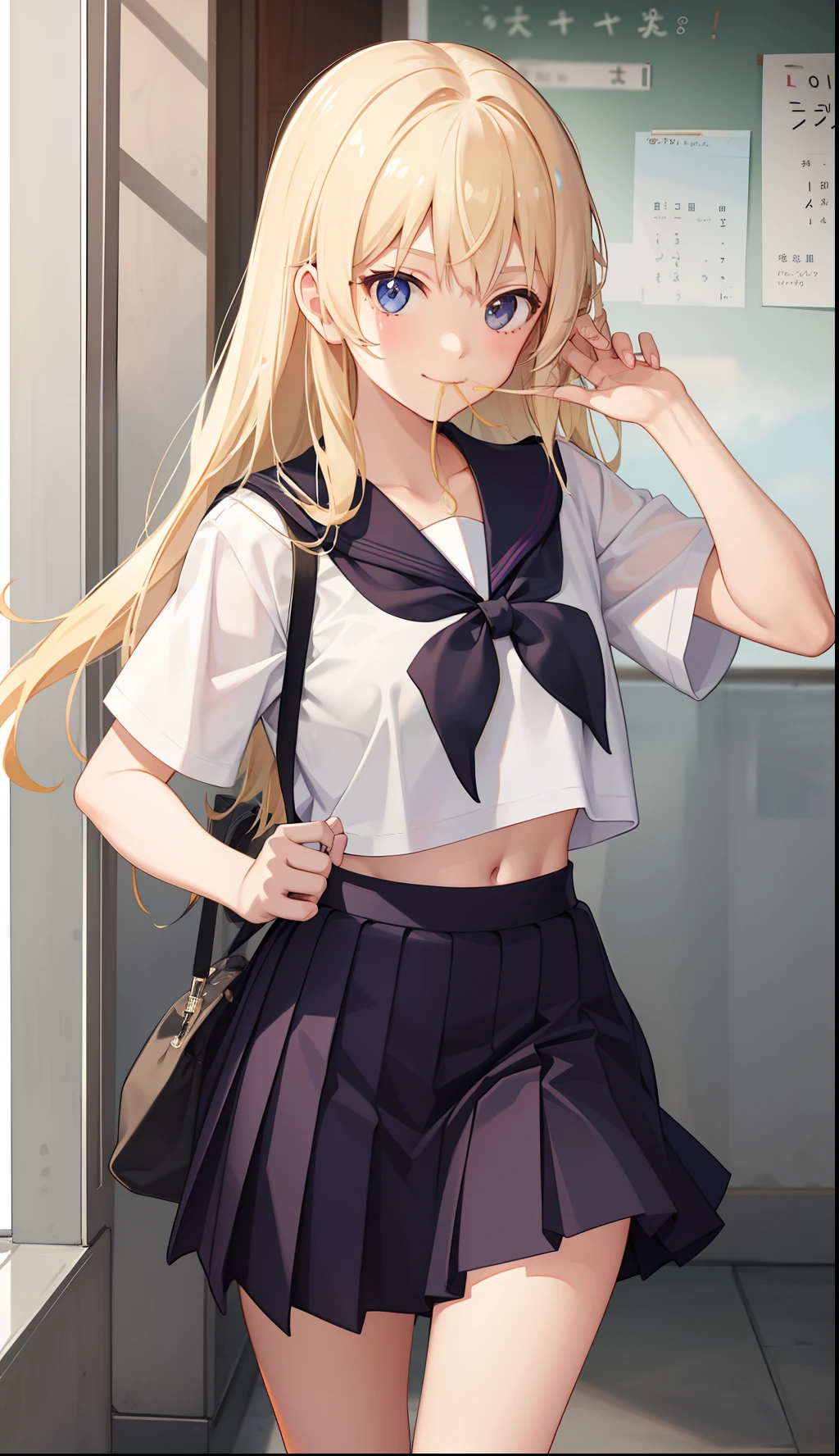 1girl in、A smile、The shirt、skirt by the、(small tits)Chilarism、Japan High School Student Uniform、serafuku、summer clothing、morning、Coming to school、Put bread in your mouth、Not being able to make it to class in time、Impatient、Running、(Sheer Bra)、Upper body portrait、blonde hair、
