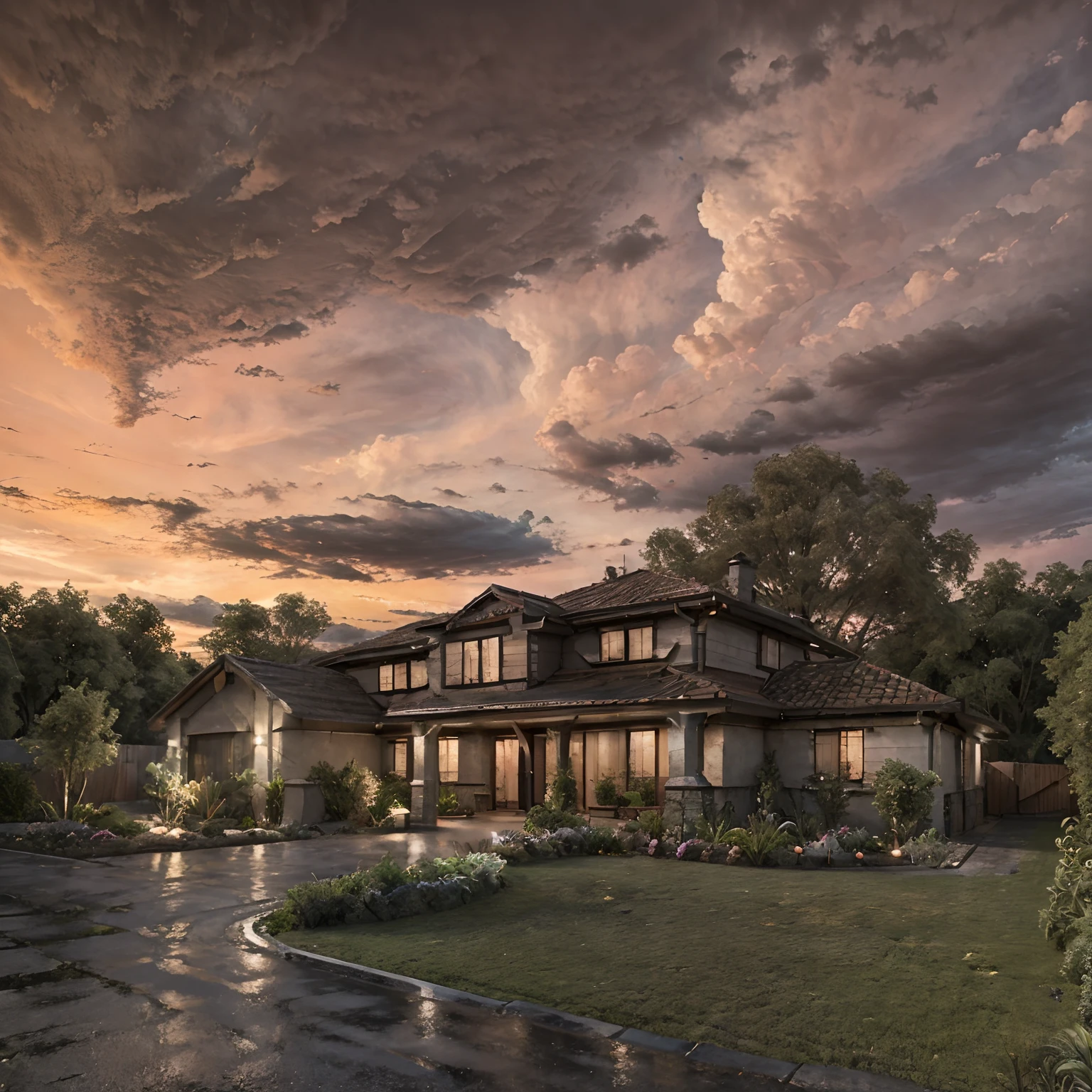 cinematic archviz design modern retrofuturistic villa with garden, sandstone old natural treebark asphalt, still life, evening suset, stormy clouds