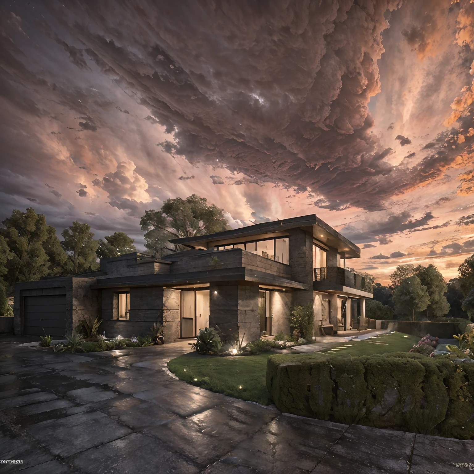 cinematic archviz design modern retrofuturistic villa with garden, sandstone old natural treebark asphalt, still life, evening suset, stormy clouds