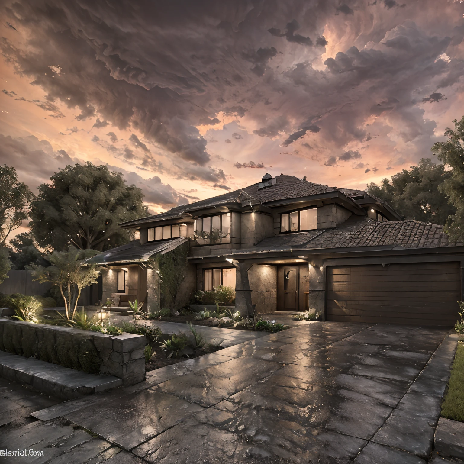 cinematic archviz design modern retrofuturistic villa with garden, sandstone old natural treebark asphalt, still life, evening suset, stormy clouds