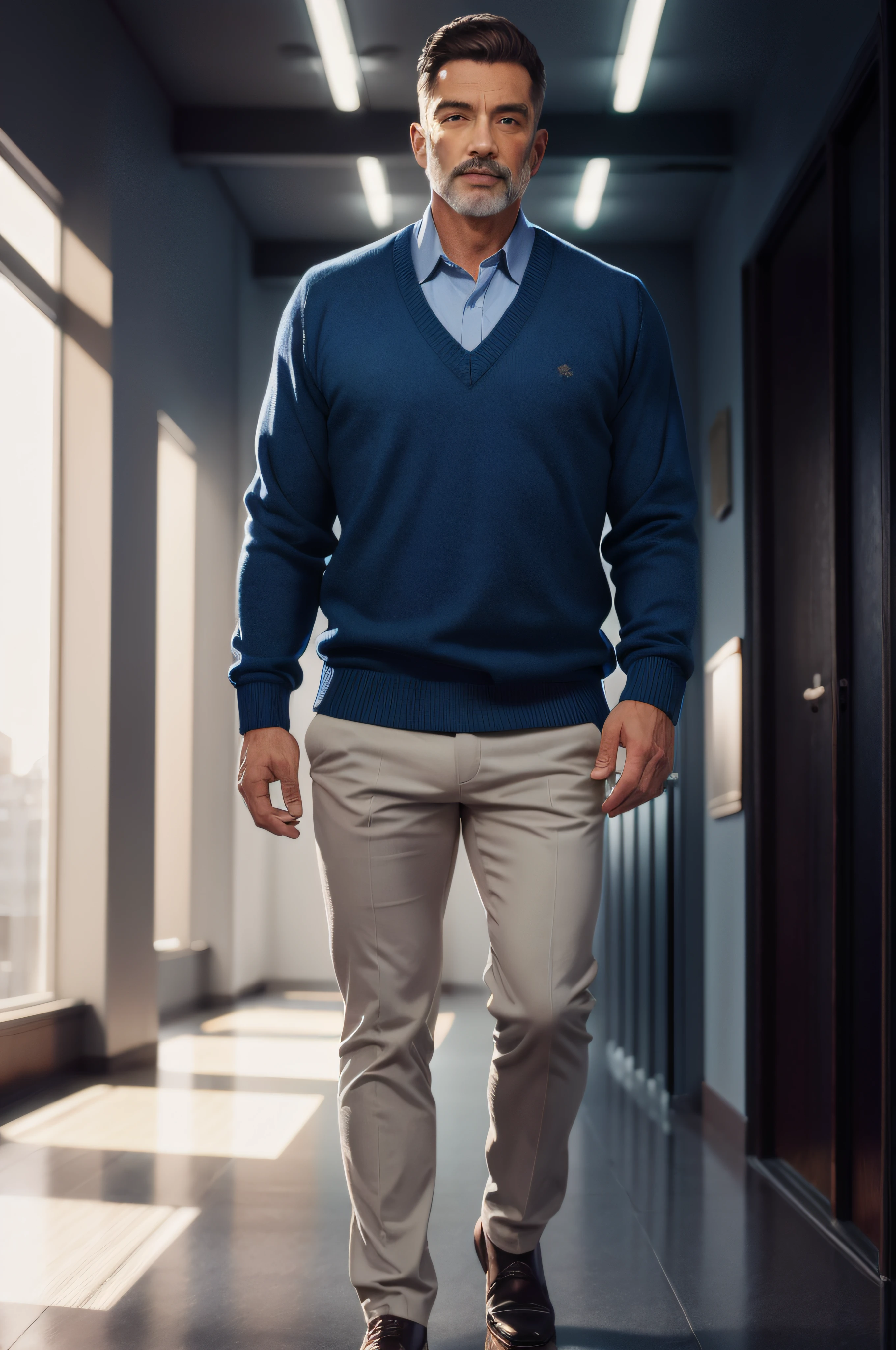 Man in blue sweater and tan pants walking down a hallway, cinematic outfit photo, casual business clothes, fotografia da roupa, cinematic full body shot, wearing business casual dress, Business Clothes, office clothes, foto de retrato detalhada, vestindo roupas casuais elegantes, foto de retrato de corpo inteiro, Casual inteligente, roupas sob medida, homem andando, Retrato no meio da foto, man standing