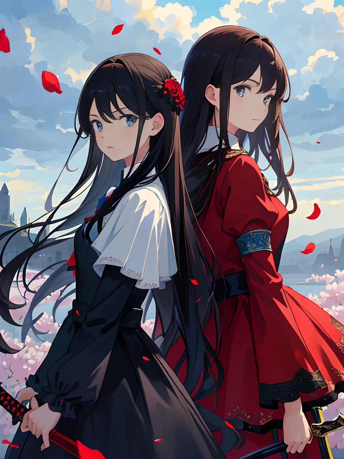 (Masterpiece, Best quality: 1.4), Detailed background, Blue sky and dark clouds,Two girls,Back Shadow,Red-clad and black-haired,Fairy air fluttering,Sword in hand,with petals falling.