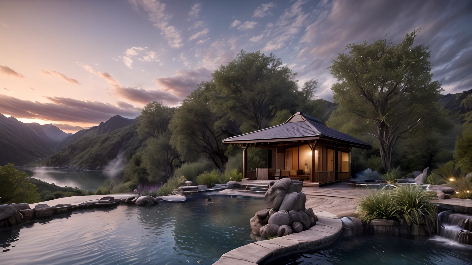 Unparalleled masterpiece, (photorealistic:1.4), best quality, beautiful lighting, (hot spring), (extremely detailed CG unity 8k wallpaper), full shot landscape photo of the most beautiful artwork in the world, cloudy sky background lush landscape house and trees illustration concept art