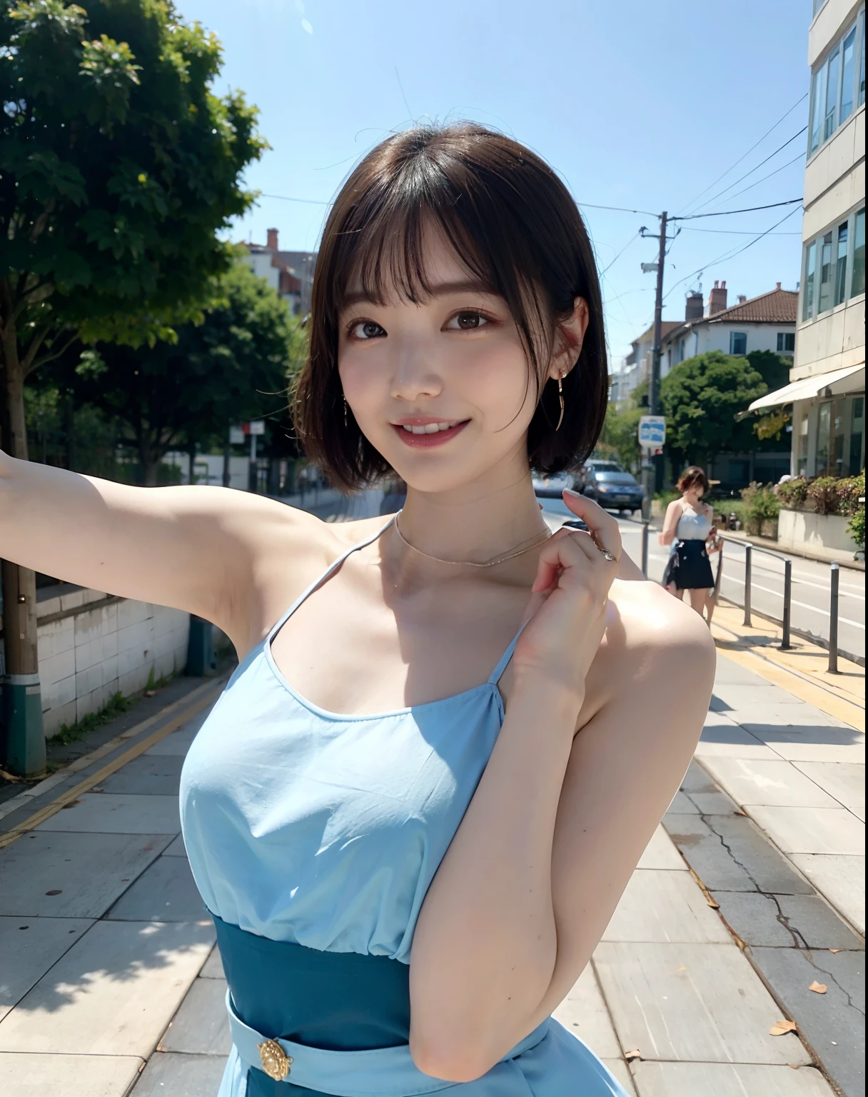 a woman posing on the street corner with light blue dress on, best quality, 1girl, large breasts, day, bright, blur background, bokeh, outdoor, (street:0.8), (people, crowds:1), (lace-trimmed dress:1.5, sleeveless dress, light blue clothes, light blue high-neck dress:1.2, blue dress: 1.5), gorgeous, (short hair, forehead:1.2), beautiful detailed sky, earrings, (dynamic pose:1.2), (upper body:0.8), soft lighting, wind, shiny skin, smile,