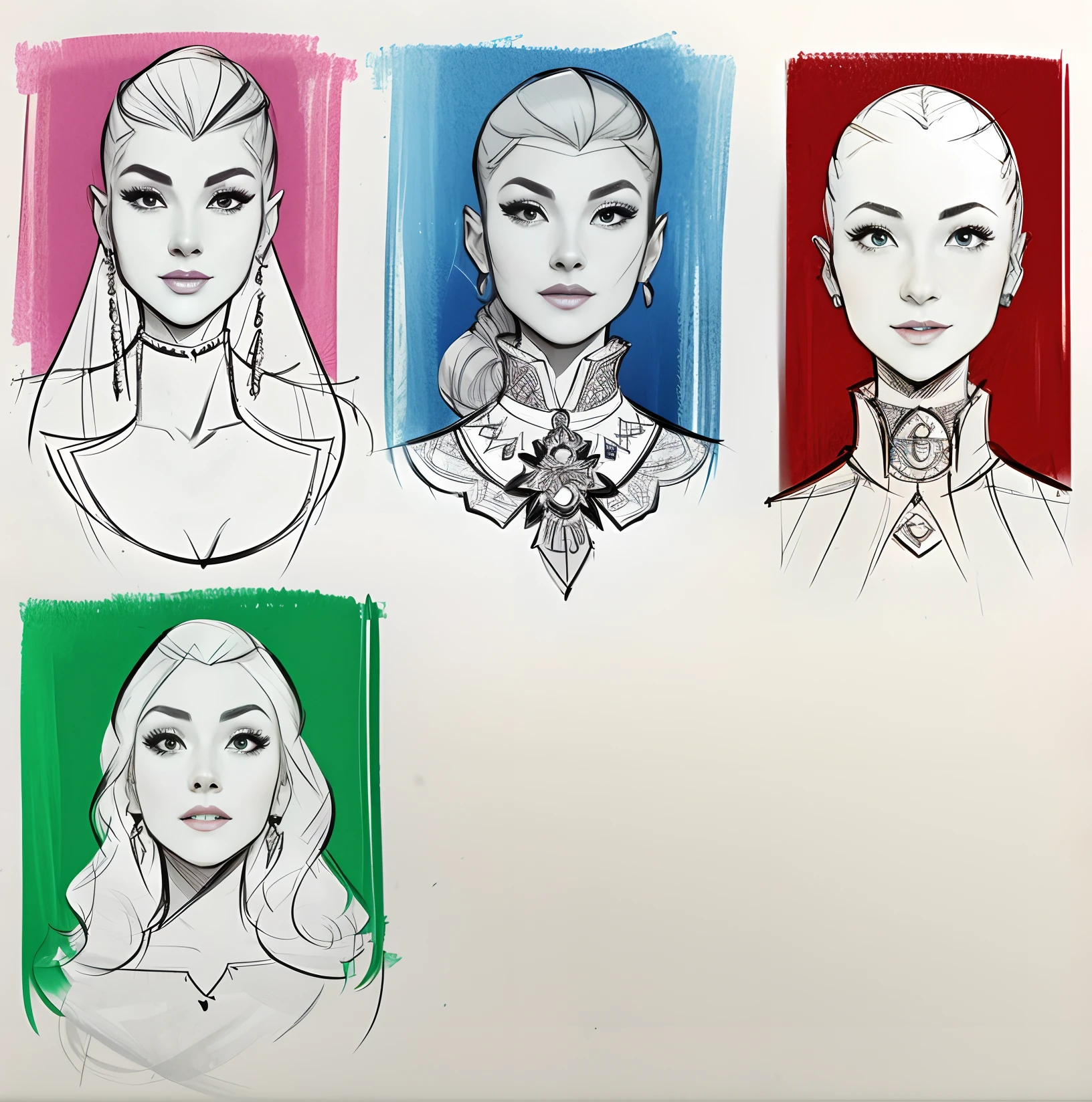 Sketches of four different women with different hairstyles, Inspired by Run Run Shaw from Barclays, portrait dnd, art sketch, Female face, character headshot concept art, fashion concept art, different women's faces, inspired by Daniel Maclise, inspired by Antonio Cavallucci, animation portrait concept art, 90s comic book character design, a sketch, D&D character avatar