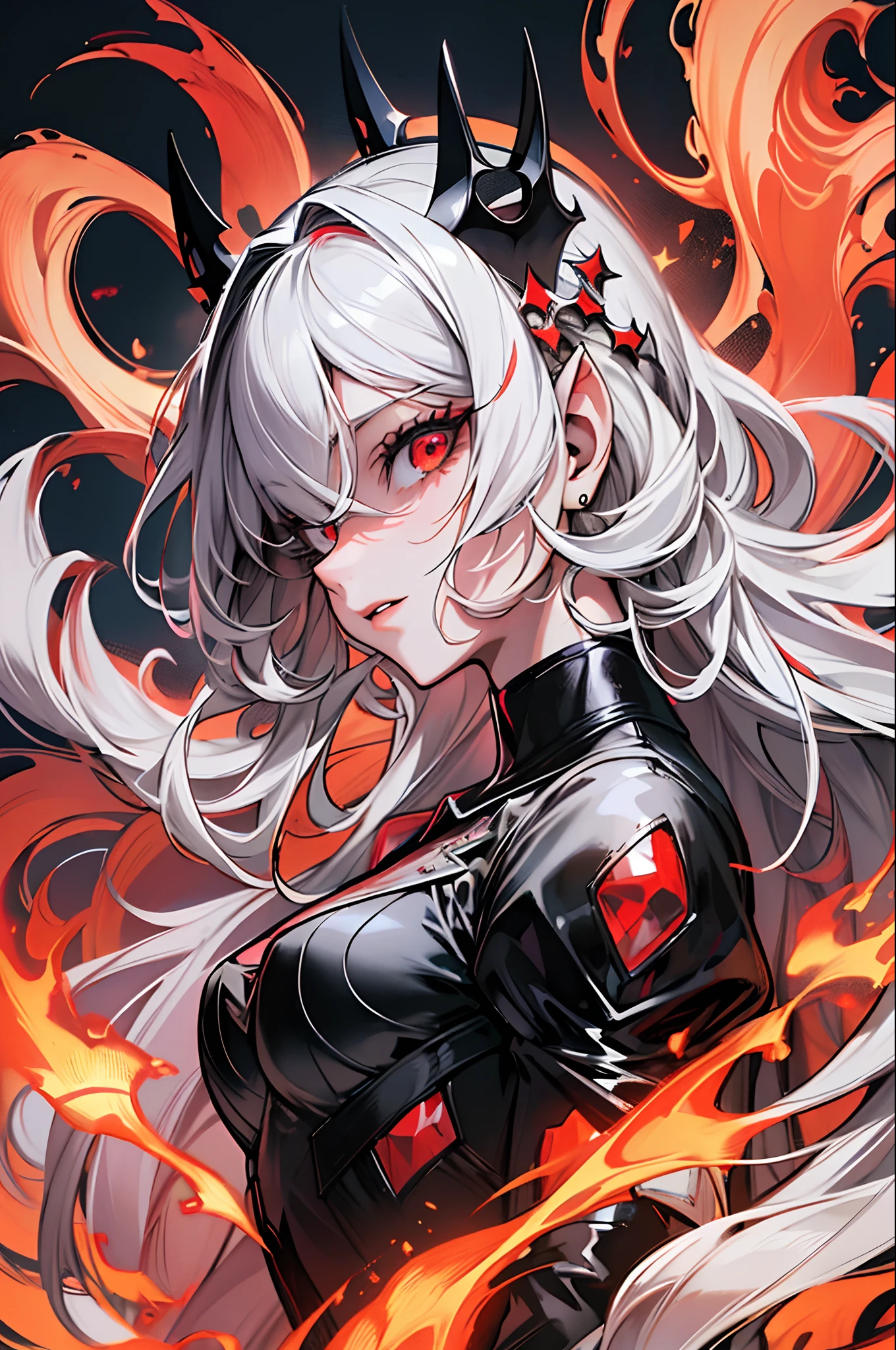 masterpiece, best quality, ultra-detailed, absurdres, colorful, 1girl, solo, (solid red eyes:1.0), (white hair, long hair, straight hair, hair over one eye:1.0), detailed eyes, wide-eyed, eyelashes, (upper body:0.8), monster girl, side view, glowing eyes, tilted head, night, black suit, pointy ears, horror, dark, black background, looking at viewer, crown, high contrast, backlighting, (standing:0.8), aura, fractal background, chaotic, spiral, demon horns, energy, mosaic, inferno