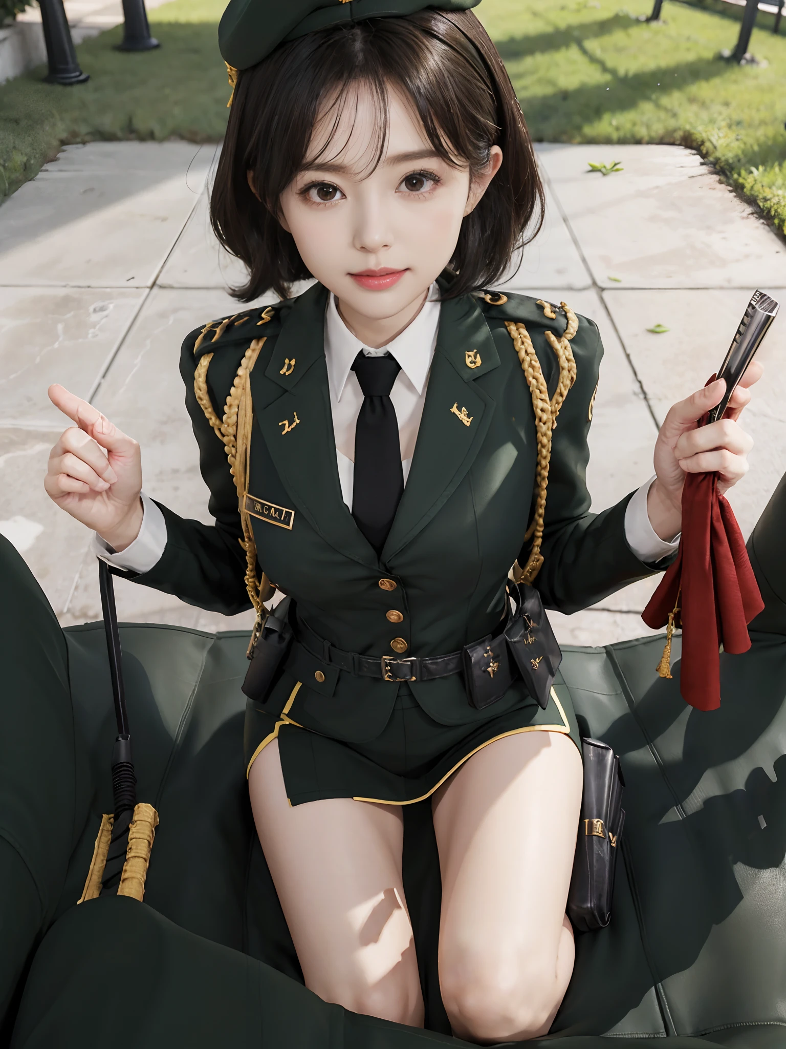 Very detailed CG unity 8K wallpaper，（tmasterpiece），（best qualtiy），（ultra - detailed），（Ultra photo realsisim），（best character detail：1.36），Nikon D750 f / 1.4 55mm，profesional lighting， physically-based renderingt, 1girll, Female soldier，army suit，Green military uniform，Fabric texture military uniform，Lined with a plain white shirt，Dark green tie，Army green skirt，military hat，Black hair，the golden ratio,[:(com rosto detalhado:1.2):0.2]:,PureErosFace_V1, broad shoulder,(Bigchest:1.5),(big assa:1.5)，Wide buttock ，Bare legged，Plump legs，whitestocking，without wearing shoes，Soaked with sweat，red flags，At the cafe，bright sun，Look at the audience from the front，Bright smile，White teeth，lighting，Contre-Jour，