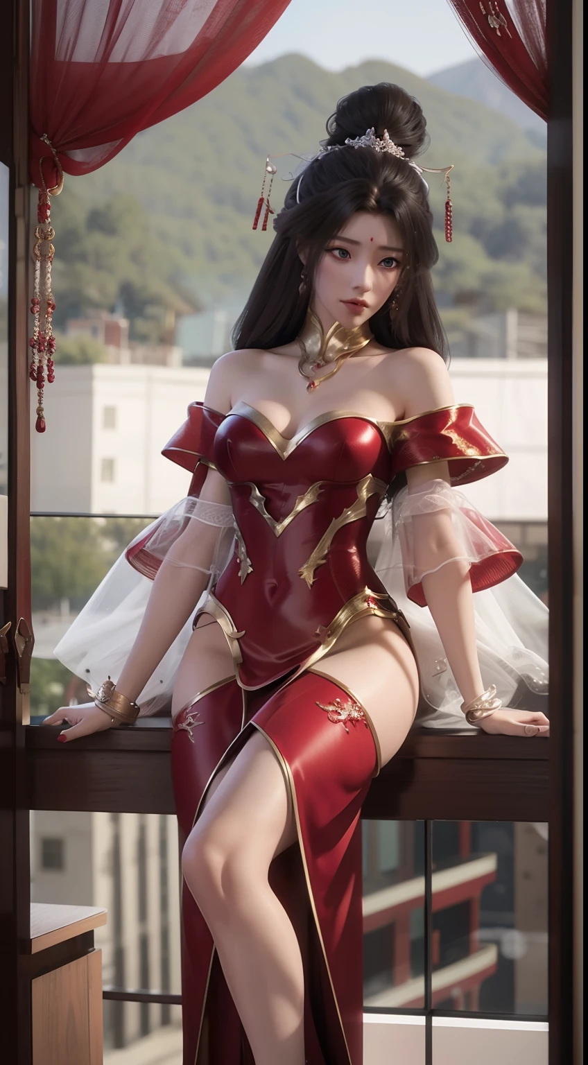 Arad woman in red dress standing near the windowsill, cute anime waifu in a sexy dress, trending on cgstation, 8K high quality detailed art, anime barbie in sheer red stockings, highly detailed exquisite fanart, Extremely detailed Artgerm, the anime girl is crouching, flowing magical robe, beautiful and seductive anime woman, WLOP and Sakimichan
