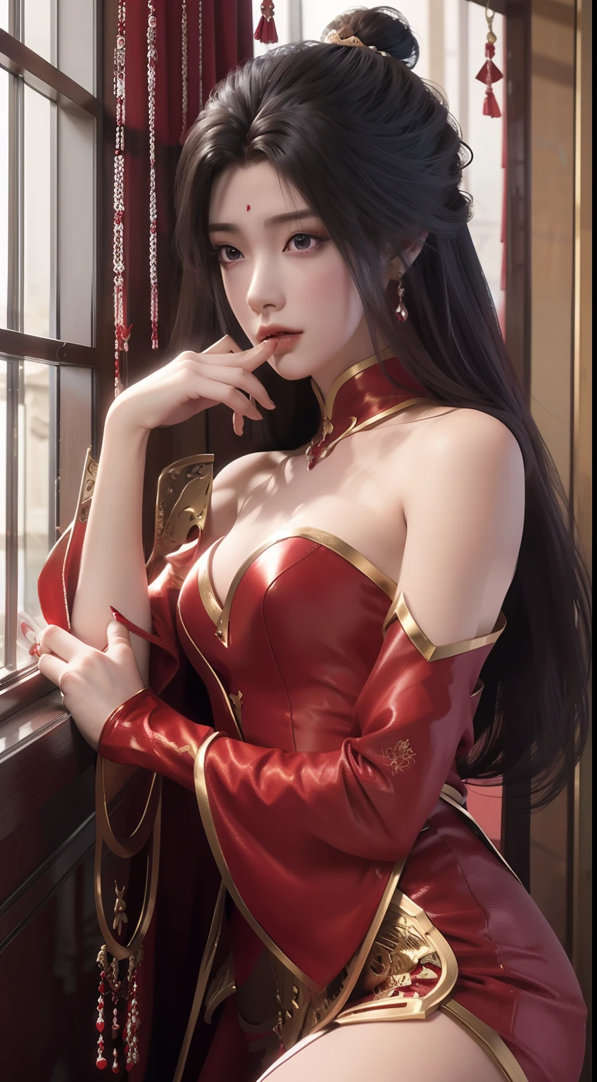 Arad woman in red dress standing near the windowsill, cute anime waifu in a sexy dress, trending on cgstation, 8K high quality detailed art, anime barbie in sheer red stockings, highly detailed exquisite fanart, Extremely detailed Artgerm, the anime girl is crouching, flowing magical robe, beautiful and seductive anime woman, WLOP and Sakimichan
