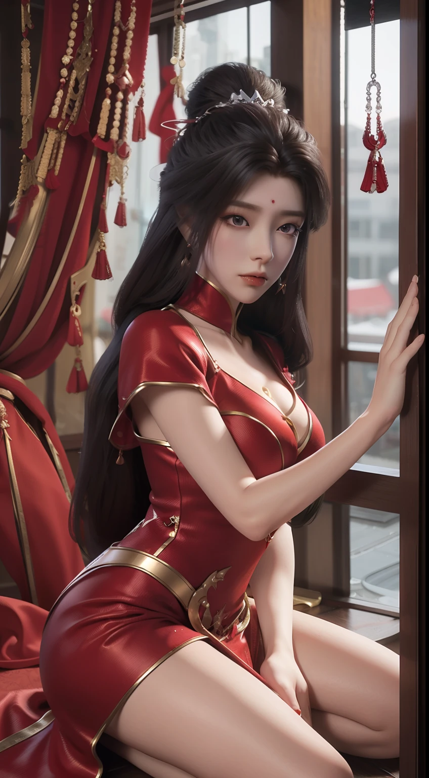 Arad woman in red dress standing near the windowsill, cute anime waifu in a sexy dress, trending on cgstation, 8K high quality detailed art, anime barbie in sheer red stockings, highly detailed exquisite fanart, Extremely detailed Artgerm, the anime girl is crouching, flowing magical robe, beautiful and seductive anime woman, WLOP and Sakimichan