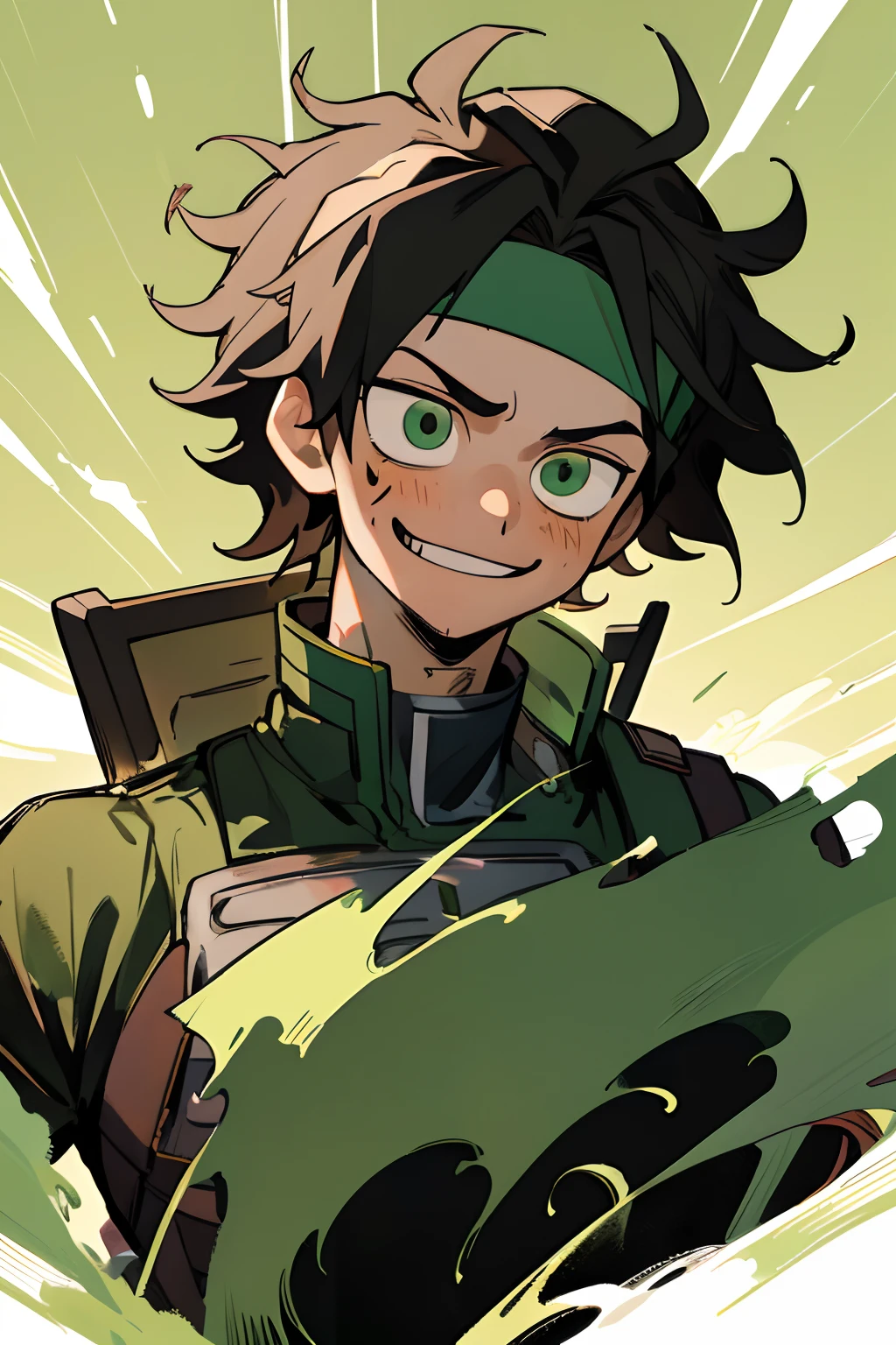 (best quality, masterpiece), 1boy, boku no hero academia, very dark hair, messy hair, tired, smiling, green eyes, determination, heroic, light beard, messy hair, headband
