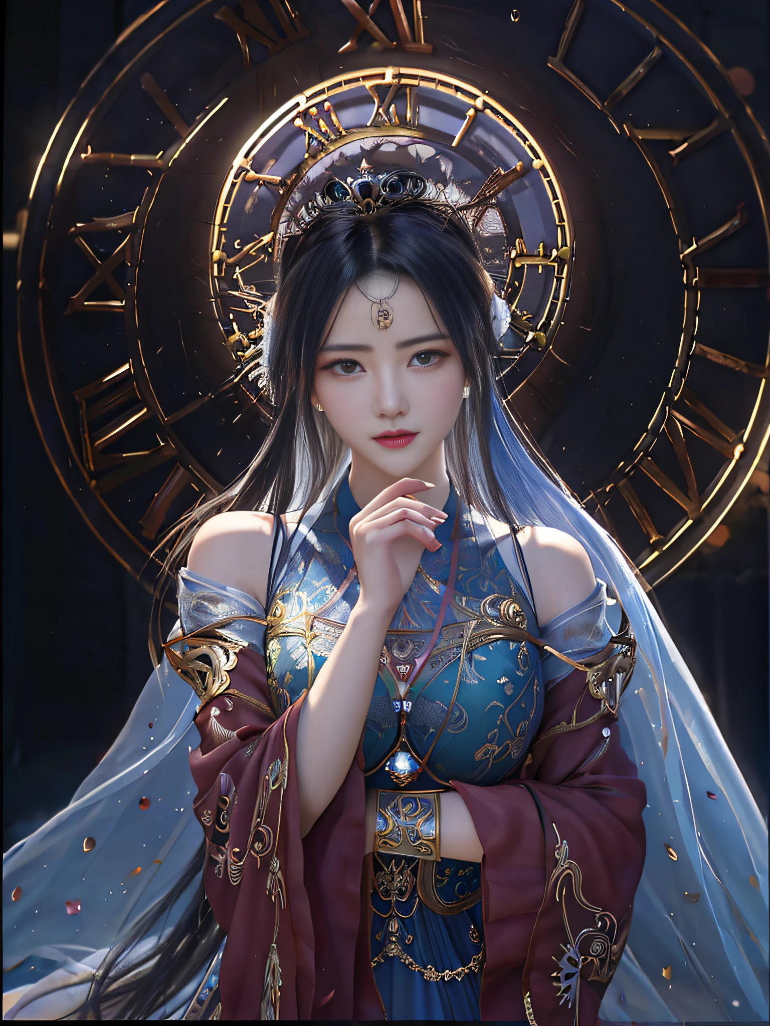 a close up of a woman in a dress with a clock in the background, a beautiful fantasy empress, guweiz, artwork in the style of guweiz, trending on cgstation, ((a beautiful fantasy empress)), goddess of time, intricate ornate anime cgi style, guweiz masterpiece, wlop. 4 k, 8k high quality detailed art
