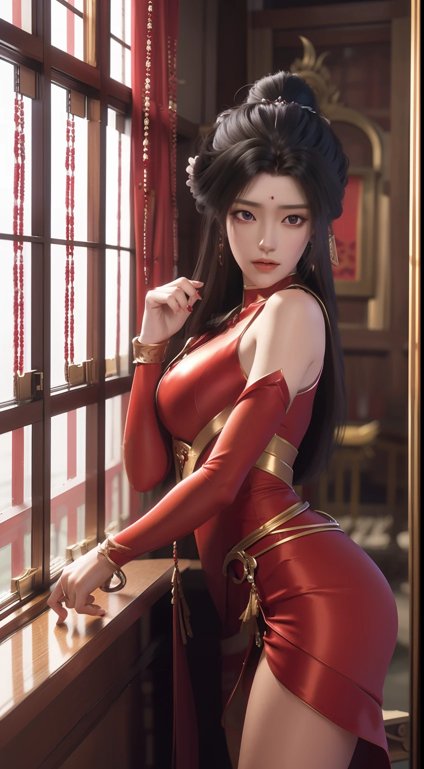 Arad woman in red dress standing near the windowsill, cute anime waifu in a sexy dress, trending on cgstation, 8K high quality detailed art, anime barbie in sheer red stockings, highly detailed exquisite fanart, Extremely detailed Artgerm, the anime girl is crouching, flowing magical robe, beautiful and seductive anime woman, WLOP and Sakimichan