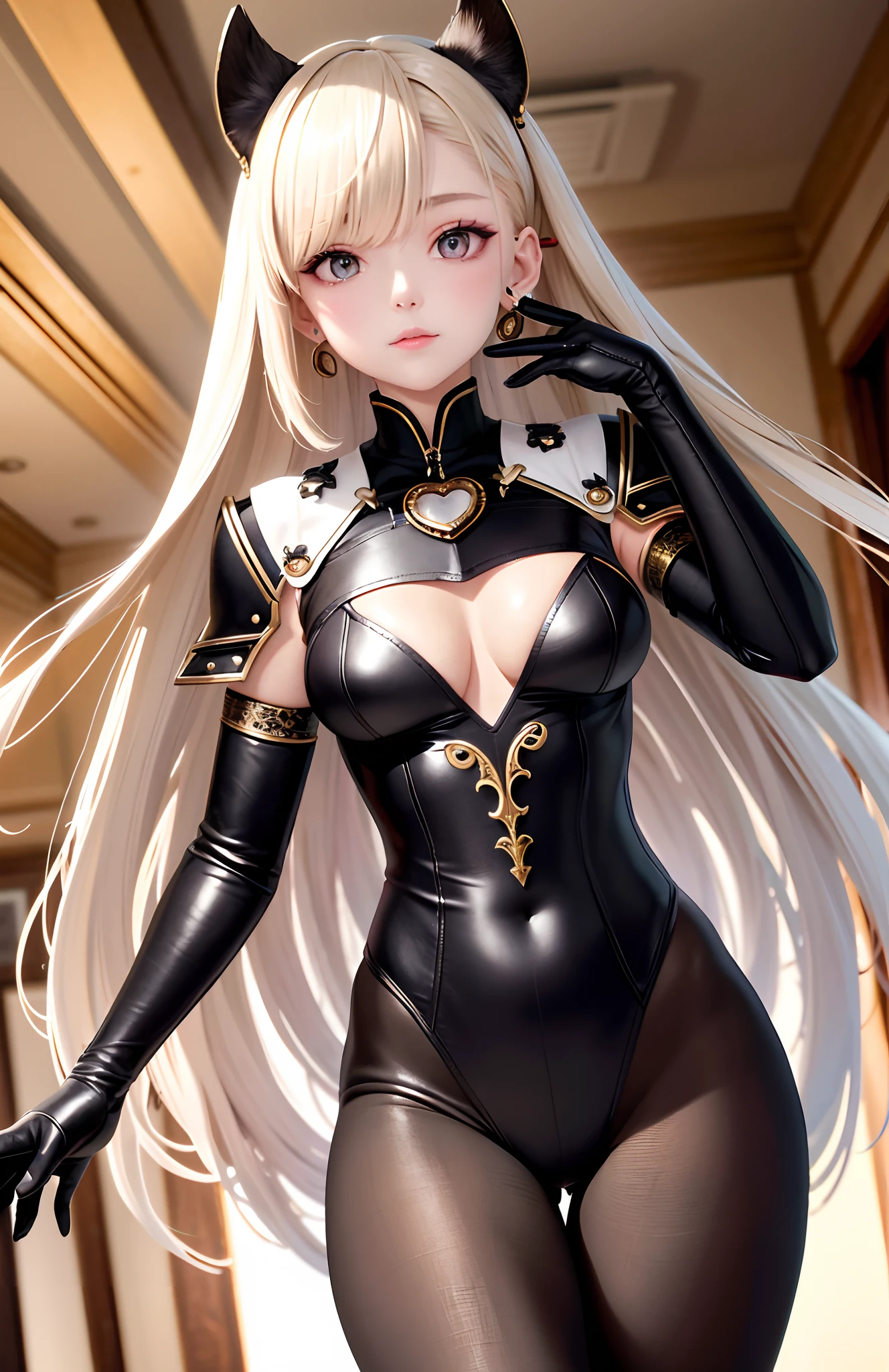 optimum，tmasterpiece，A high resolution，best qualtiy，hyper HD，super detailing，Award-Awarded，16k，独奏，（The upper part of the body），anatomy correct，Beautiful steampunk girl，Lady Knight，cute  face，high light，Gradient Beige Hair，Hairline，（（Scarlet eyes）），long eyelasher，Hanging eye corners，White skin of the，（small boobs），（Slim body），（Heart armor），（（College uniform with blazer）），（），ear studs，（neck rings），（Metal Material Apparel：1.2）