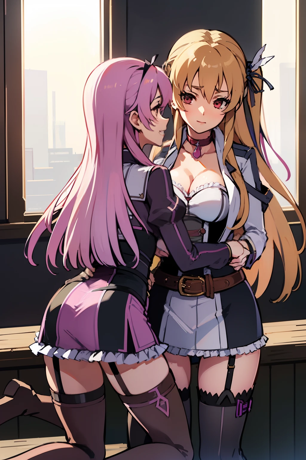 alisa reinford from cold steal, and renne bright from cold steel, ((Best quality)), ((masterpiece)), (detailed:1.4), 8k, masterpiece:1.3), (best quality:1.3), high resolution, alisa and renne in corset and garter belt, hugging from behind, kneeling, photo from behind, pink linger