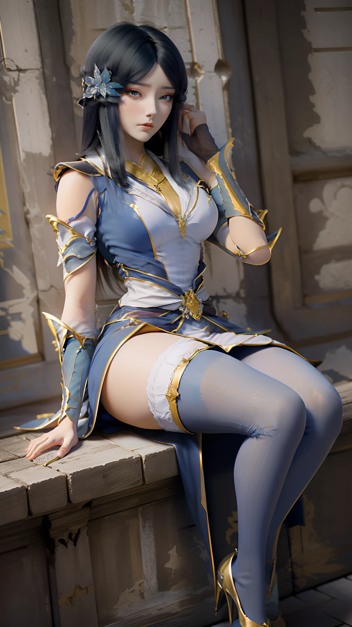 Arad woman in blue dress sitting on windowsill, cute anime waifu in a nice dress, trending on cgstation, 8K high quality detailed art, anime barbie in white stockings, highly detailed exquisite fanart, Extremely detailed Artgerm, the anime girl is crouching, flowing magical robe, beautiful and seductive anime woman, WLOP and Sakimichan