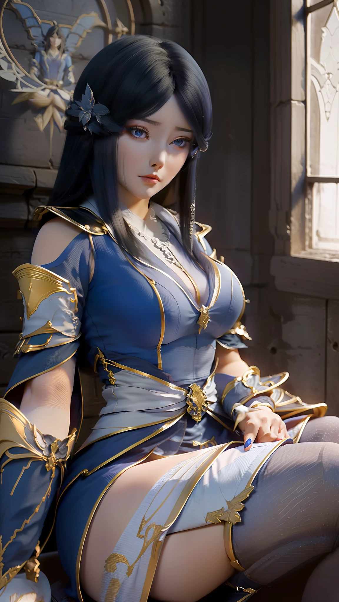 Arad woman in blue dress sitting on windowsill, cute anime waifu in a nice dress, trending on cgstation, 8K high quality detailed art, anime barbie in white stockings, highly detailed exquisite fanart, Extremely detailed Artgerm, the anime girl is crouching, flowing magical robe, beautiful and seductive anime woman, WLOP and Sakimichan