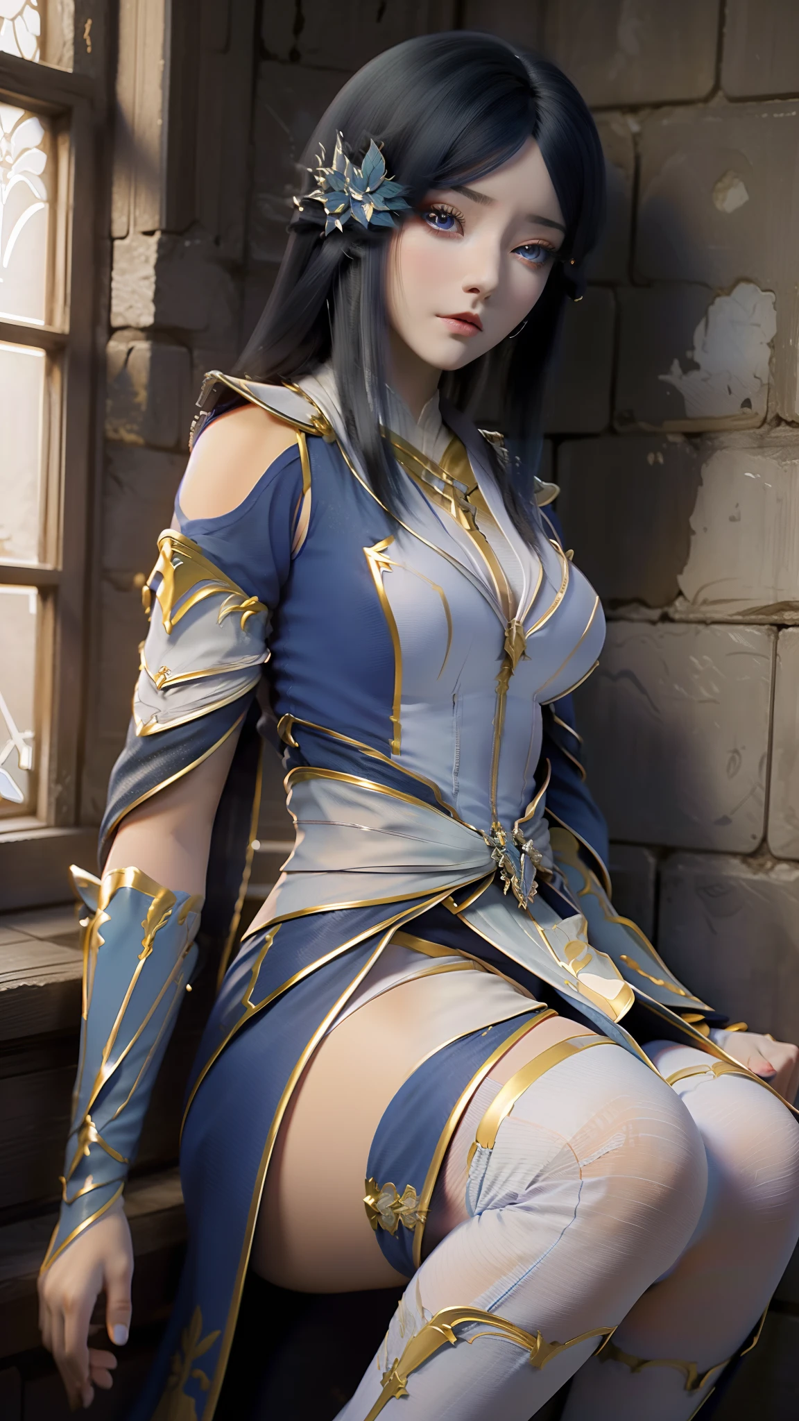 Arad woman in blue dress sitting on windowsill, cute anime waifu in a nice dress, trending on cgstation, 8K high quality detailed art, anime barbie in white stockings, highly detailed exquisite fanart, Extremely detailed Artgerm, the anime girl is crouching, flowing magical robe, beautiful and seductive anime woman, WLOP and Sakimichan