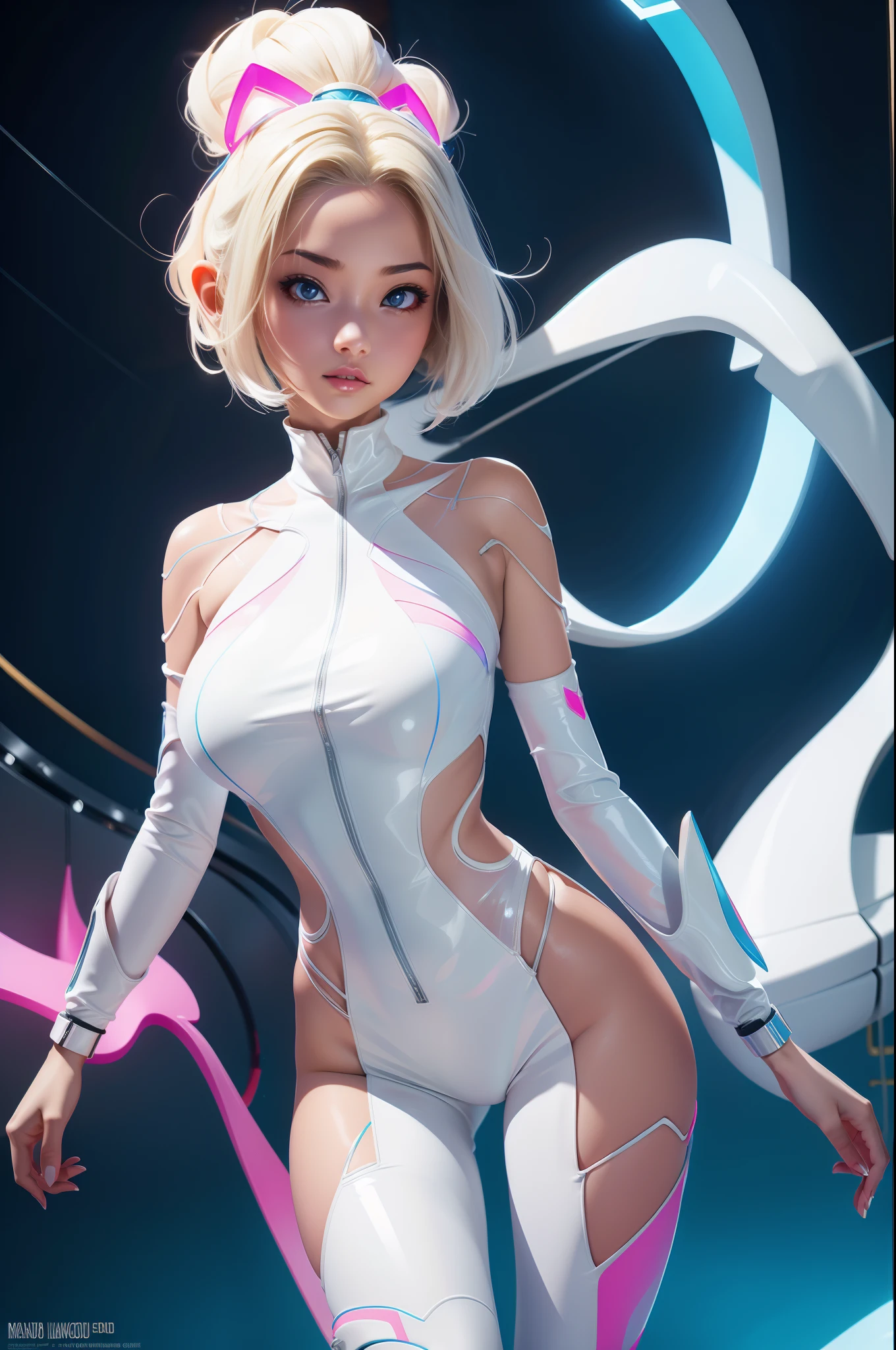full body picture Unreal Engine 5 8K UHD of beautiful woman,with short white hair,Dress colorful neon color tight futuristic latex spider woman cosplay。,Latex swimwear,Sexy action,Wait for slow breasts,Muscular figure,Swimsuits that rarely cover the skin,latex glove,耳Nipple Ring,Modern age city,best qualityer,tmasterpiece,8K UHD wallpaper
