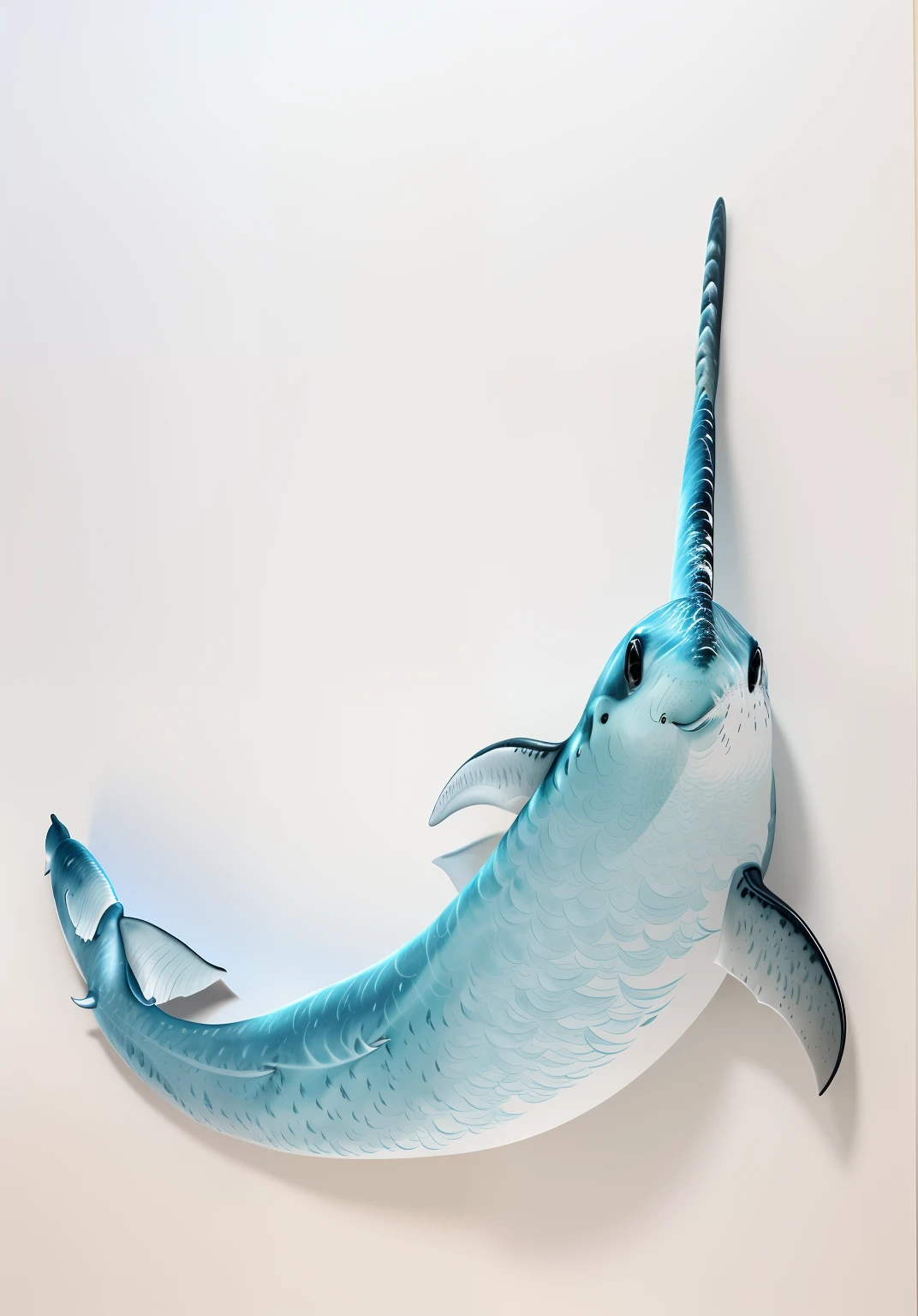 There is a black-and-white photo of a narwhal in flight, narwhal, subreddit / r / whale, flying whale, whale, ivan seal, space magical whale, space whale, marine animal, [ Realistic photo ]!!, isolated on a white background, Fluttering cattle nets, author：Shinji Aramaki, very accurate photo, Realistic illustration